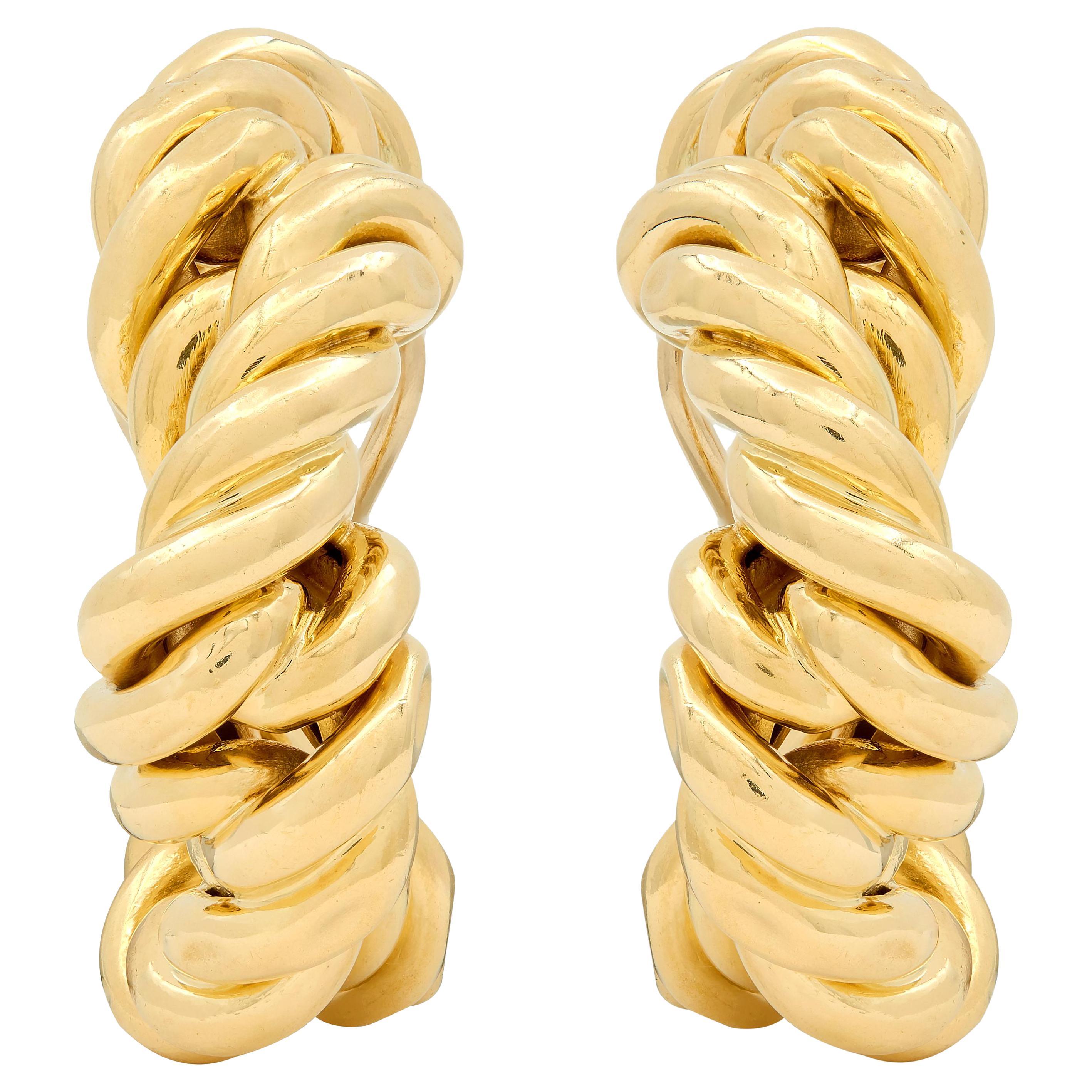 Tiffany & Co. 1980's 18K Yellow Gold Vintage Twisting Hoop Ear-Clip Earrings