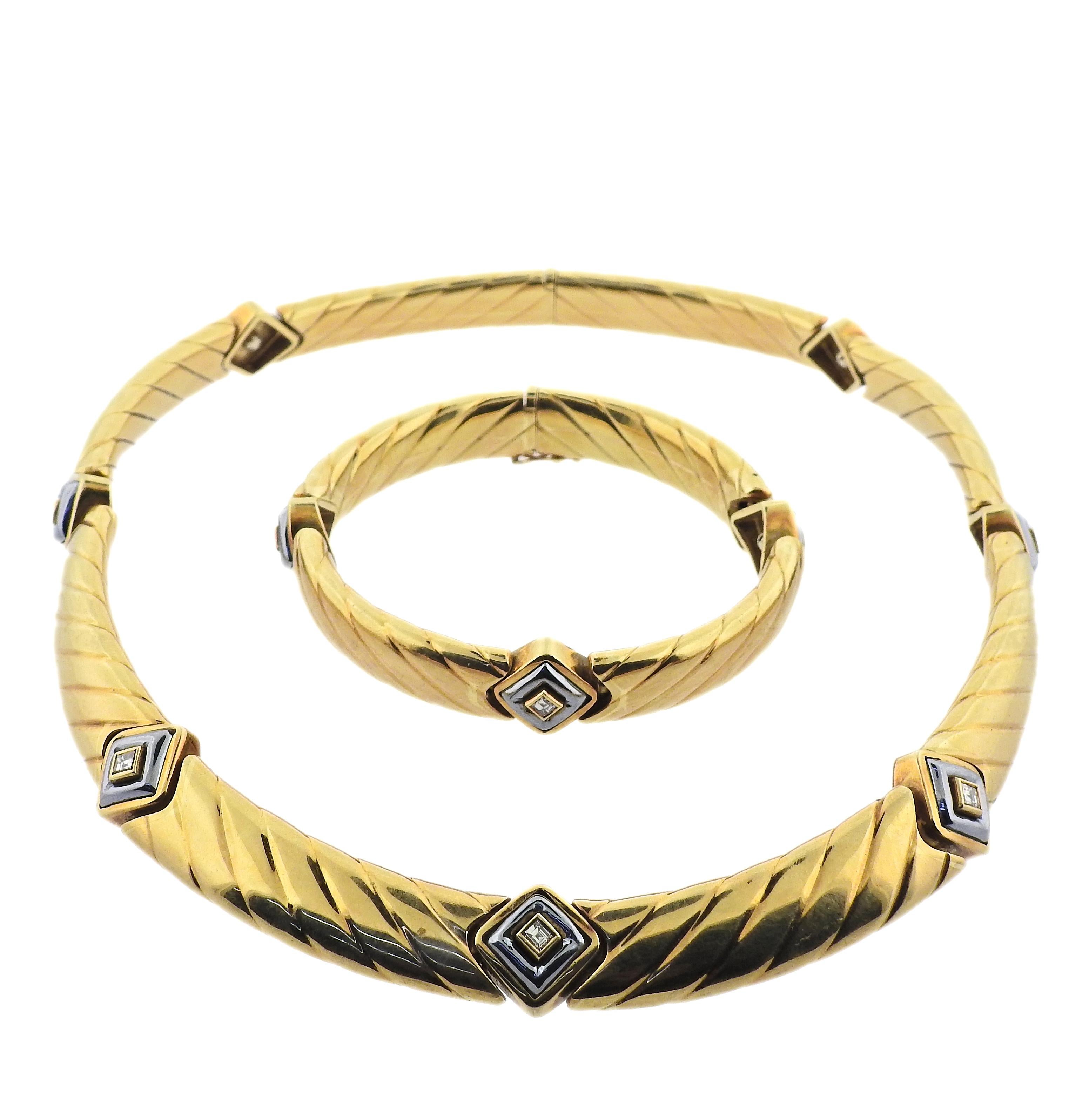 Tiffany & Co 1980s hematite necklace, bracelet set feature approx. 1.50ctw in VS; F/G diamonds. Necklace is 15.5