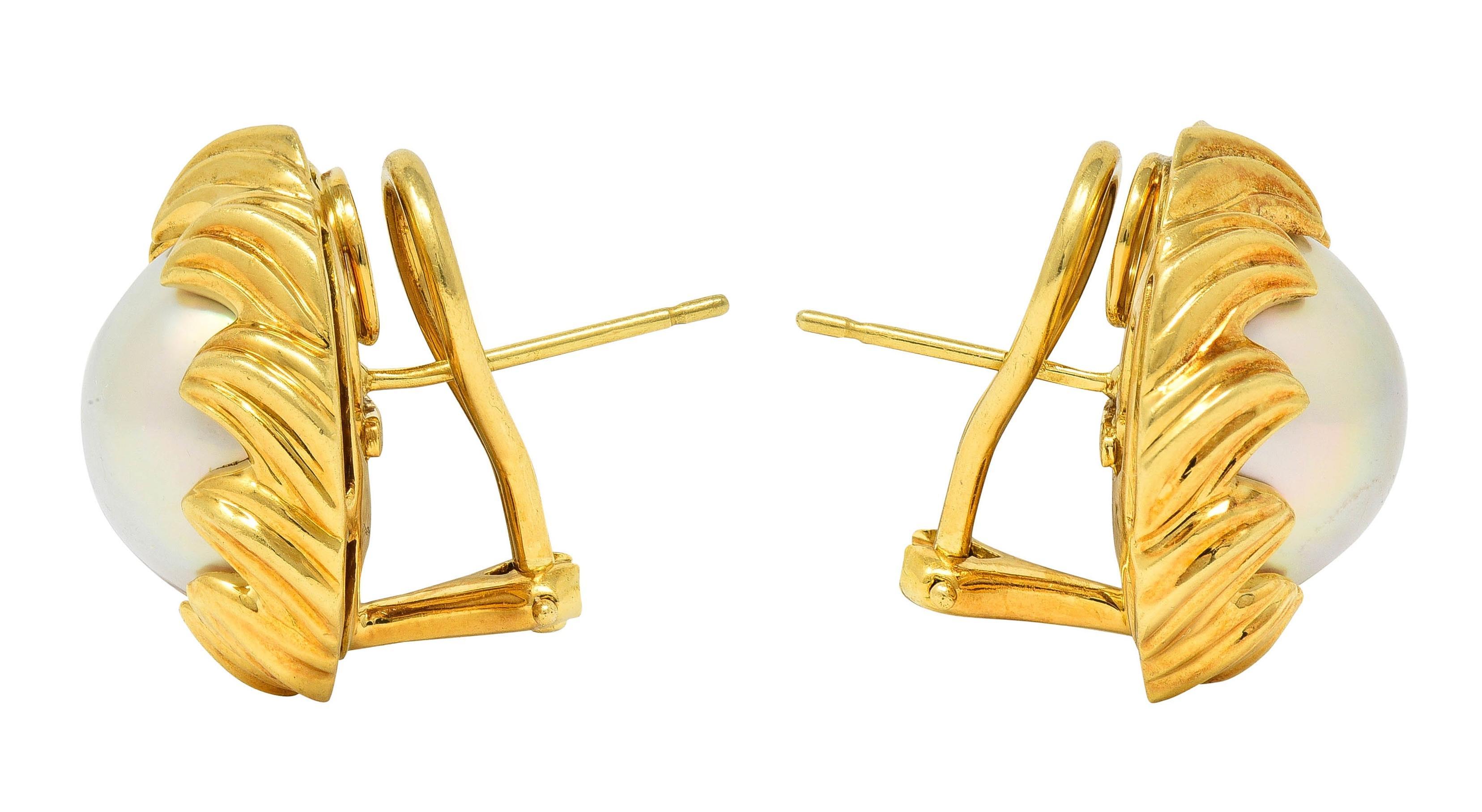 Tiffany & Co. 1980's Mabe Pearl 18 Karat Yellow Gold Vintage Wave Earrings In Excellent Condition In Philadelphia, PA