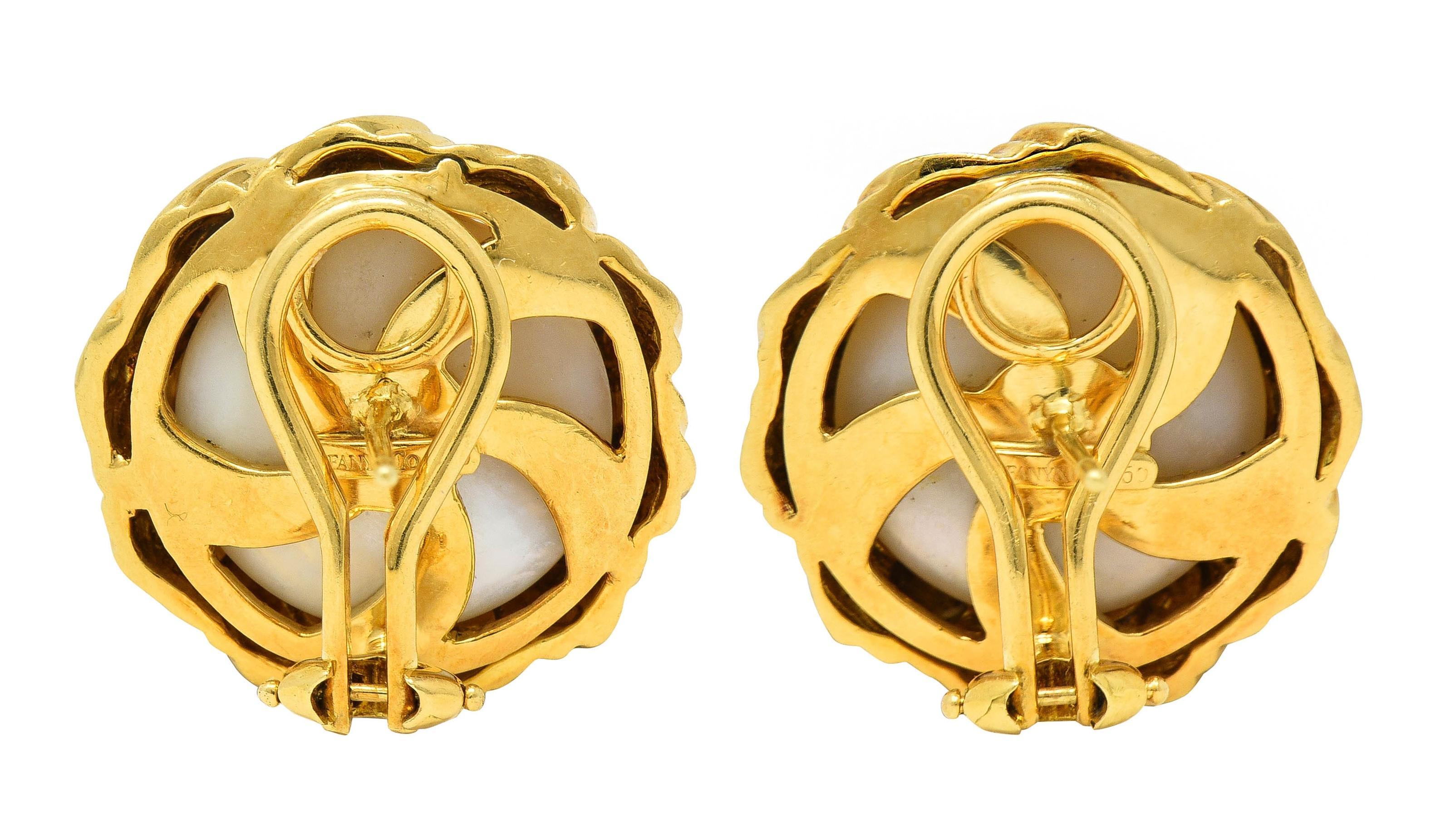 Women's or Men's Tiffany & Co. 1980's Mabe Pearl 18 Karat Yellow Gold Vintage Wave Earrings