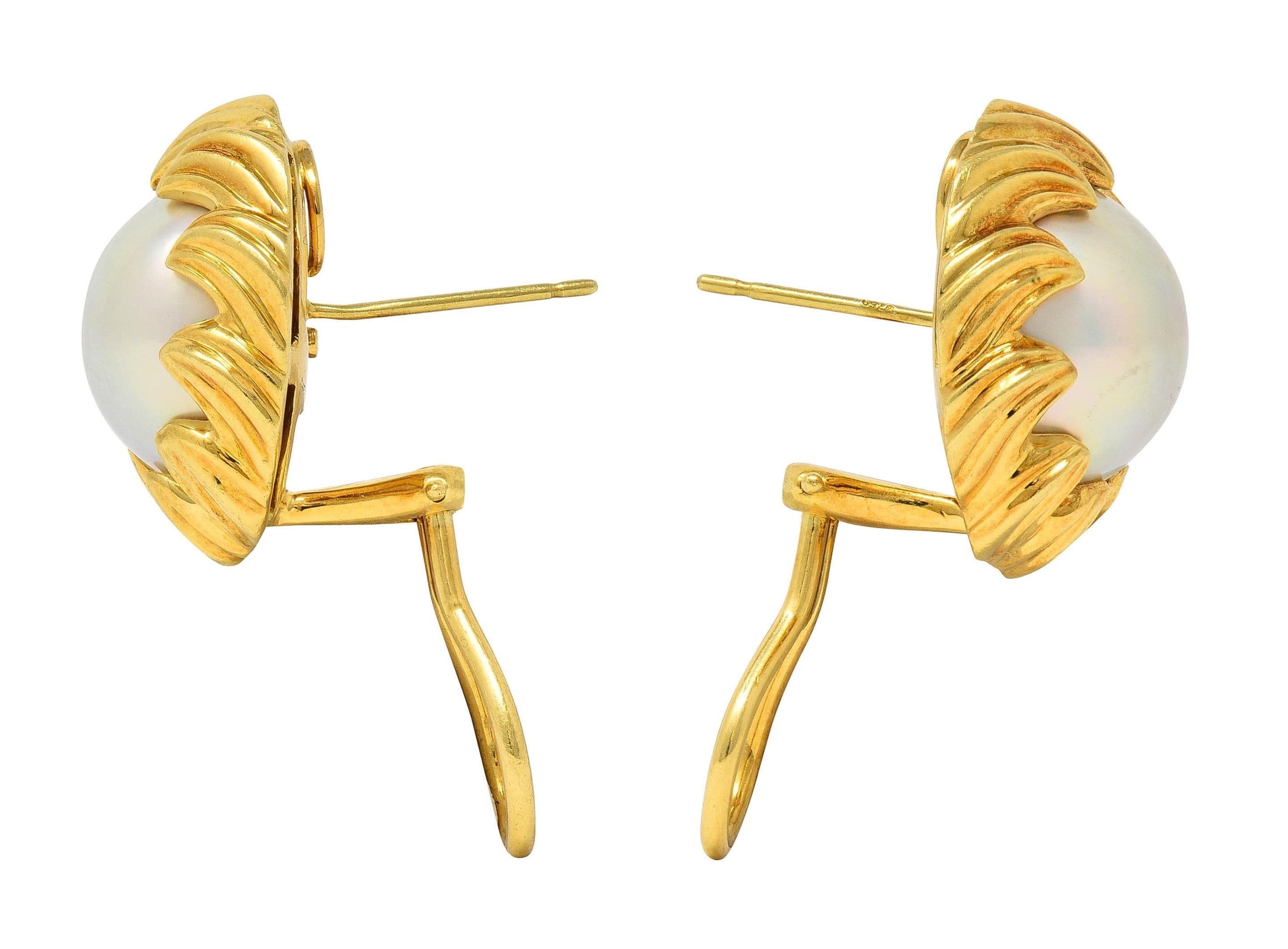 Tiffany & Co. 1980's Mabe Pearl 18 Karat Yellow Gold Vintage Wave Earrings 1