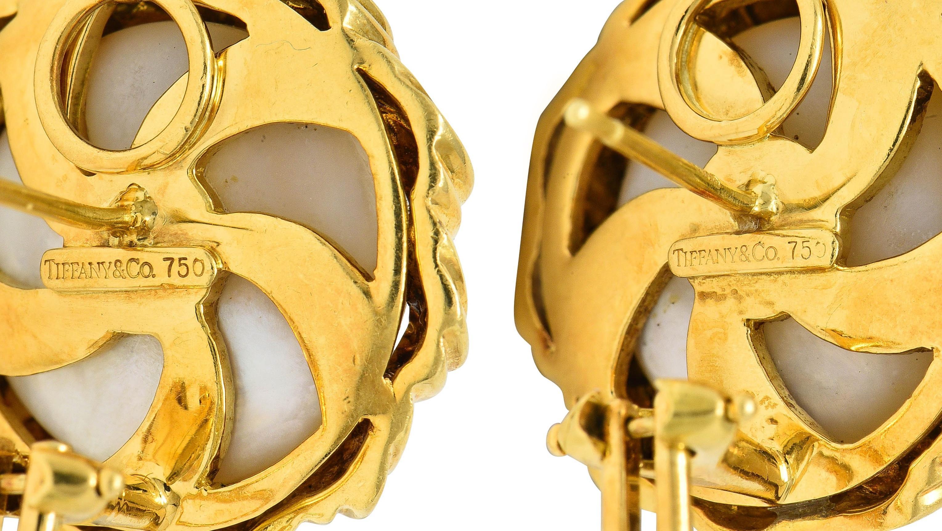 Tiffany & Co. 1980's Mabe Pearl 18 Karat Yellow Gold Vintage Wave Earrings 2