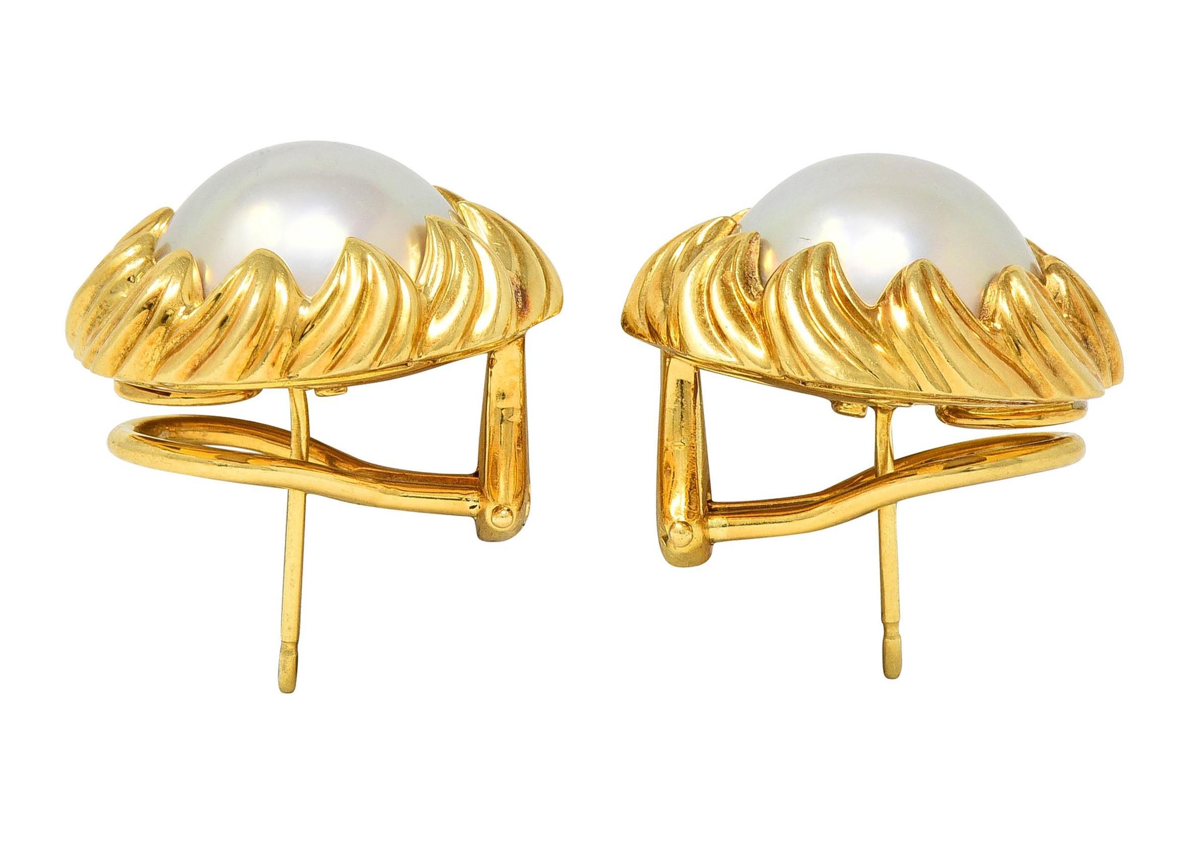 Tiffany & Co. 1980's Mabe Pearl 18 Karat Yellow Gold Vintage Wave Earrings 3