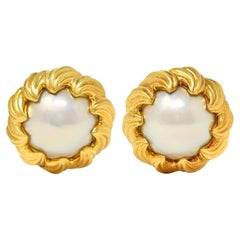 Tiffany & Co. 1980's Mabe Pearl 18 Karat Yellow Gold Vintage Wave Earrings