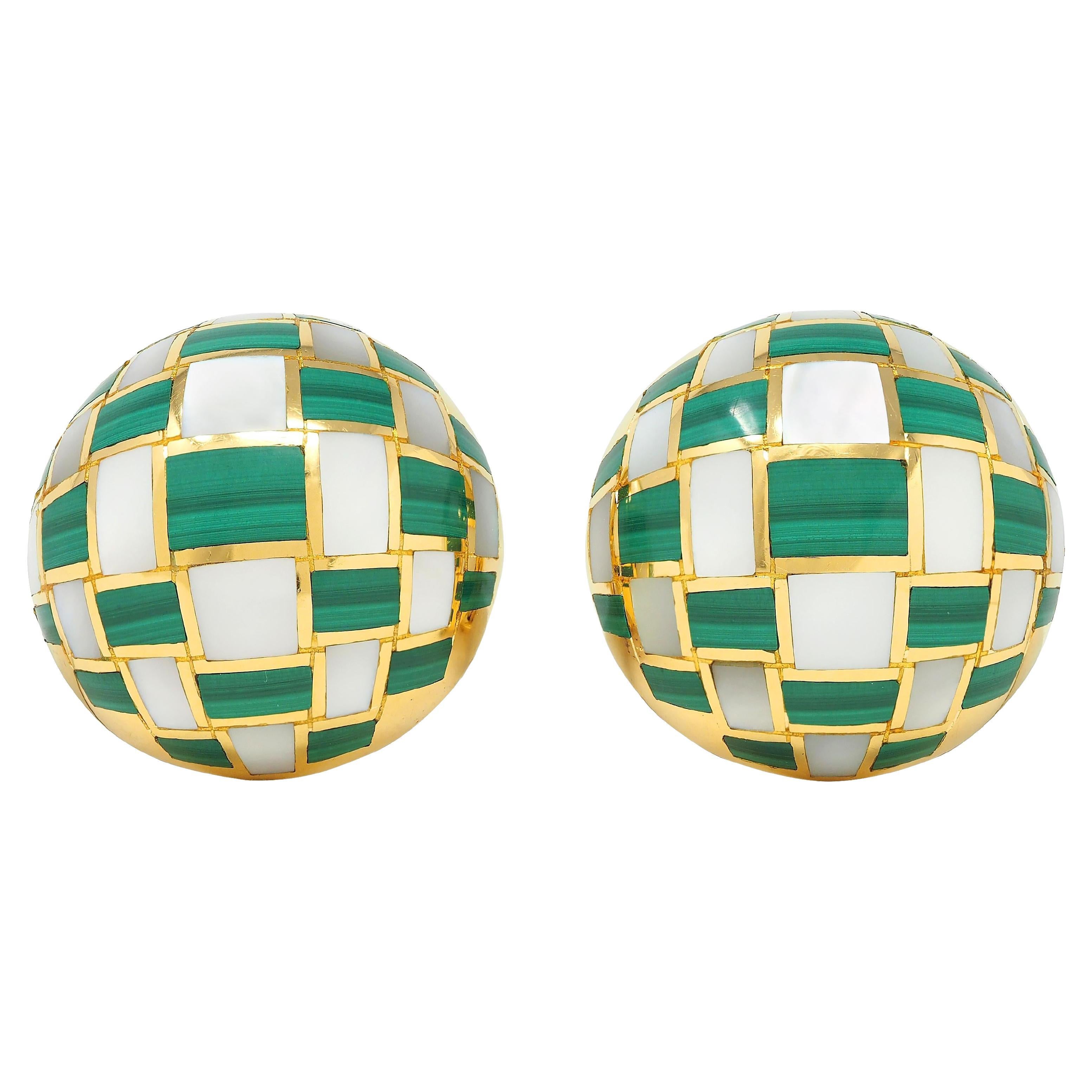 Tiffany & Co. 1980 Orecchini a scacchiera vintage in oro 18 carati con intarsio di perle di malachite