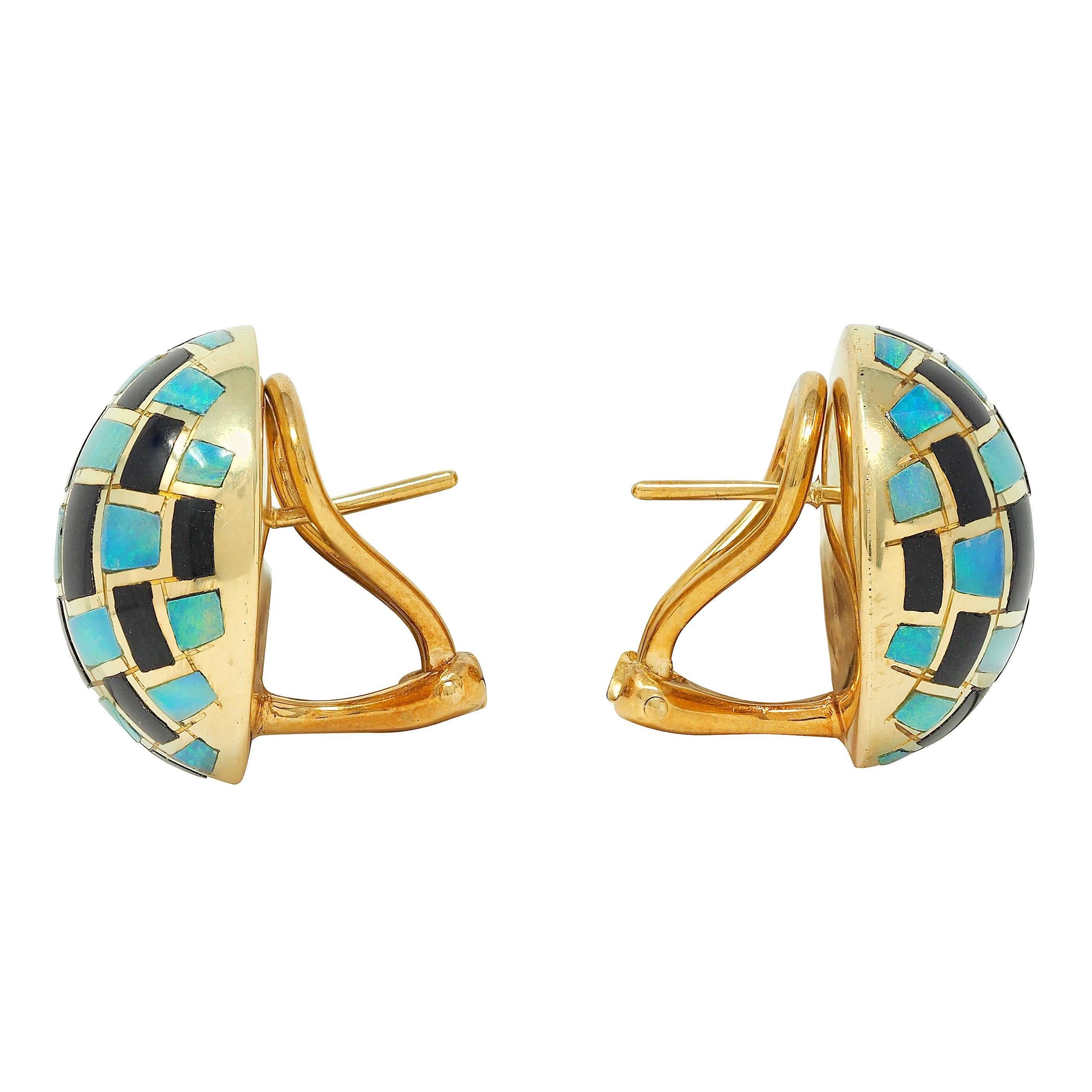 Round Cut Tiffany & Co. 1980's Opal Onyx Inlay 18K Gold Vintage Checkerboard Earrings For Sale
