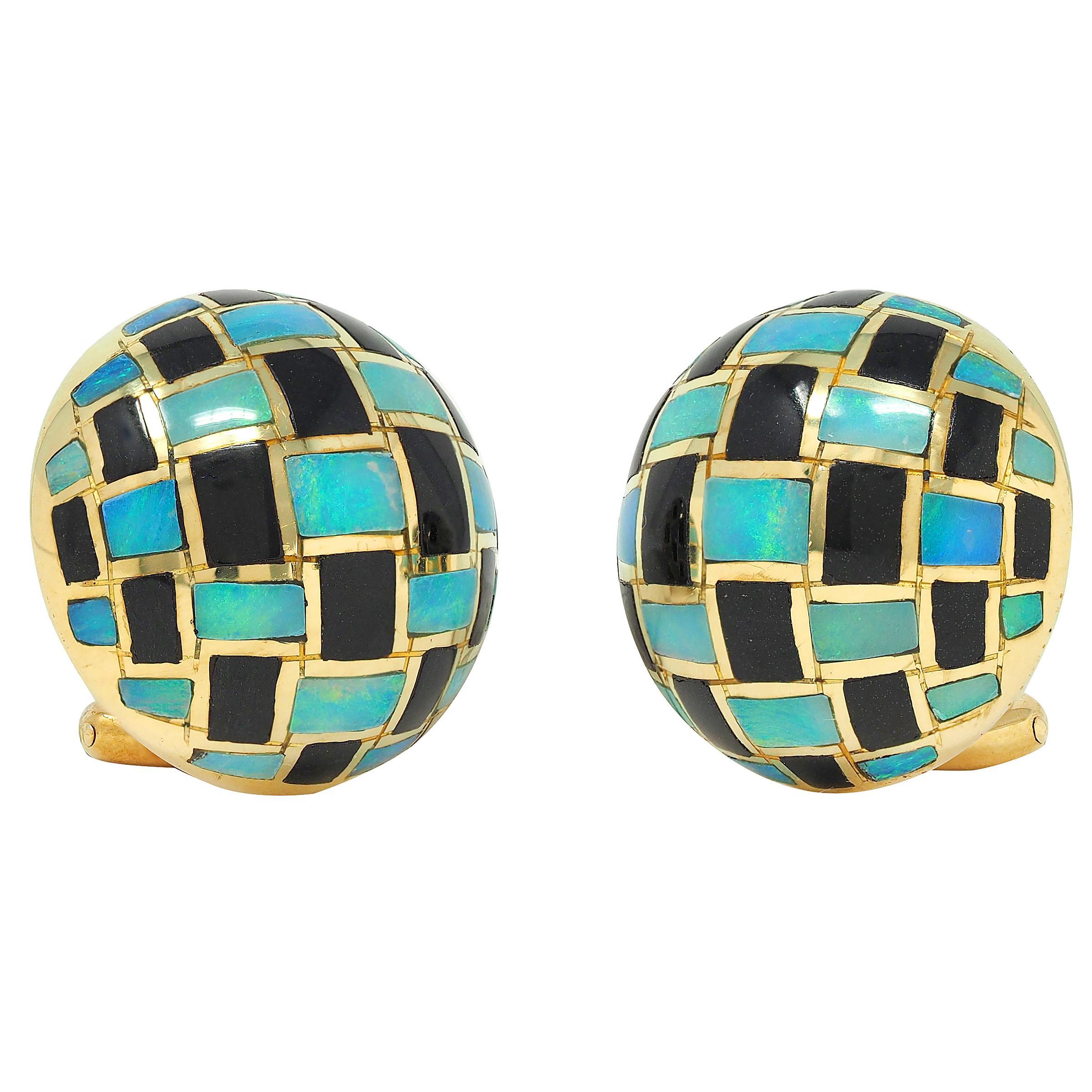 Women's or Men's Tiffany & Co. 1980's Opal Onyx Inlay 18K Gold Vintage Checkerboard Earrings For Sale
