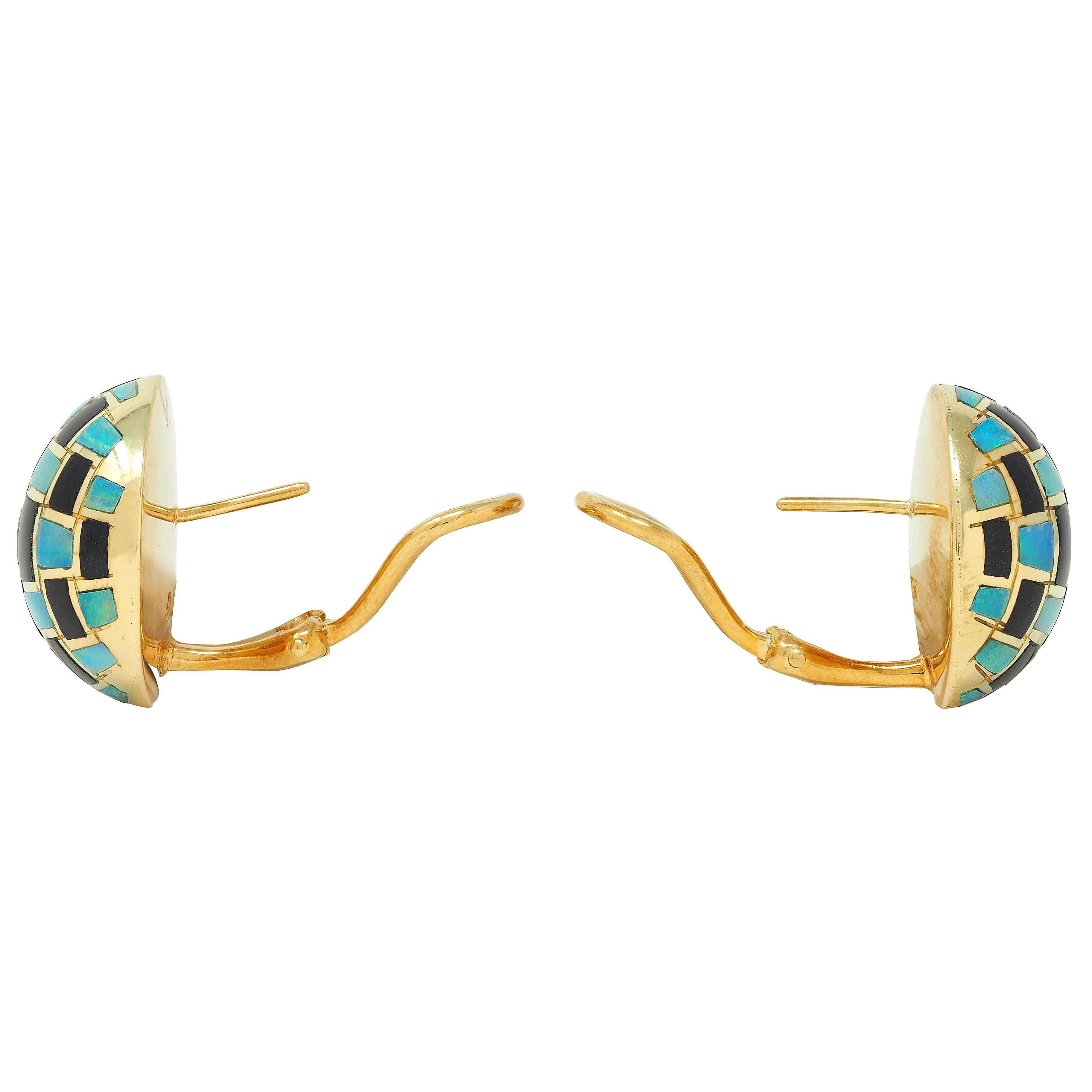 Tiffany & Co. 1980's Opal Onyx Inlay 18K Gold Vintage Checkerboard Earrings For Sale 1