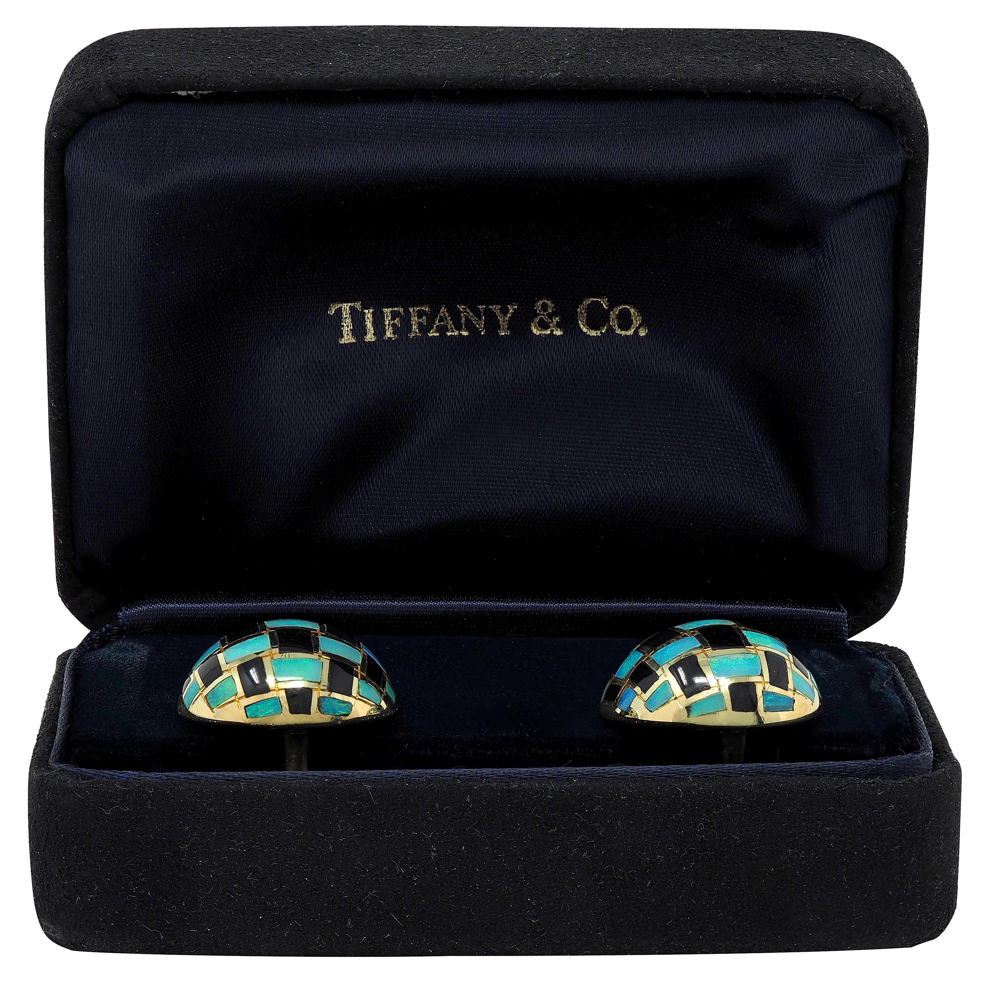 Tiffany & Co. 1980's Opal Onyx Inlay 18K Gold Vintage Checkerboard Earrings For Sale 3