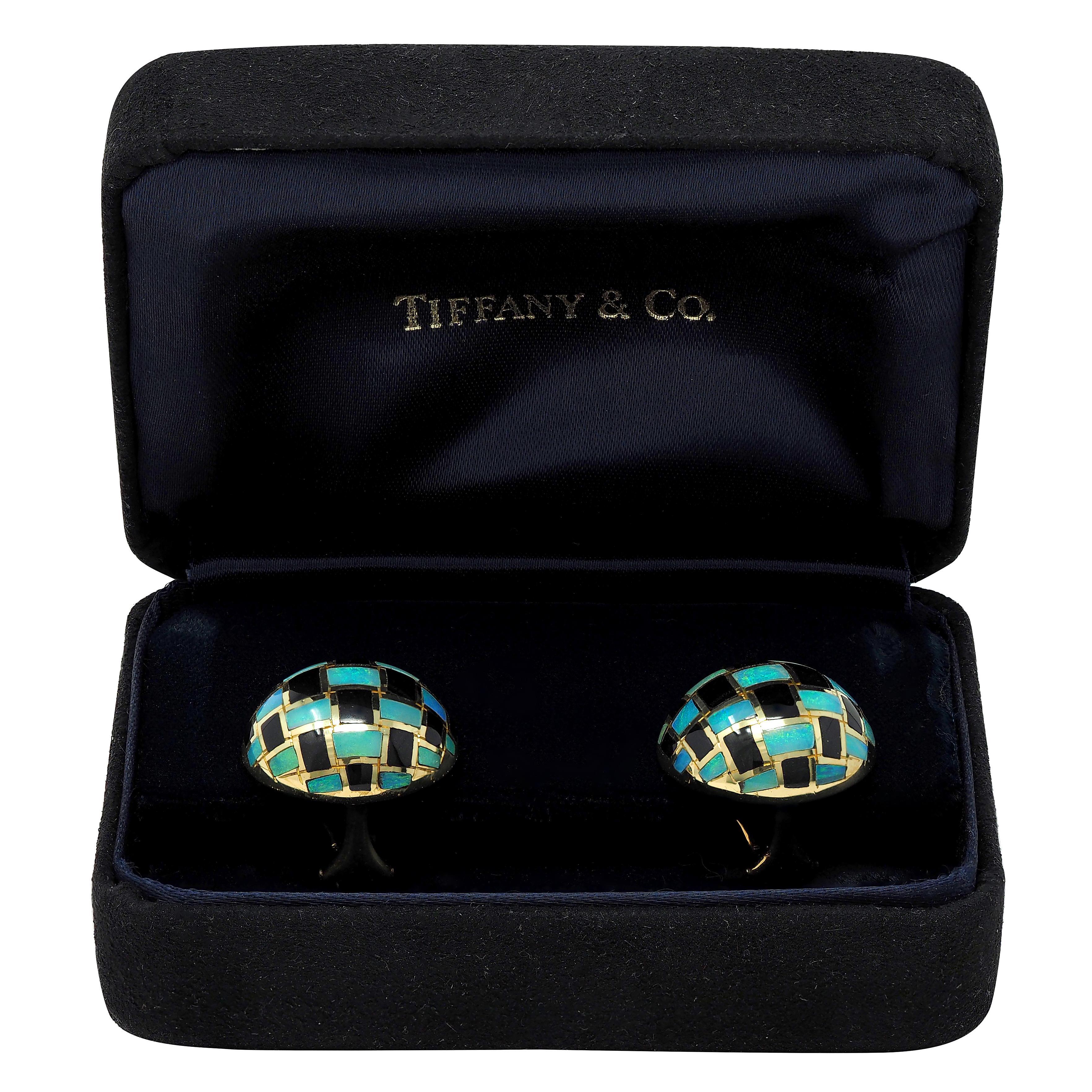 Tiffany & Co. 1980's Opal Onyx Inlay 18K Gold Vintage Checkerboard Earrings For Sale 4