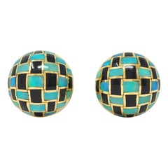 Tiffany & Co. 1980's Opal Onyx Inlay 18K Gold Vintage Checkerboard Earrings