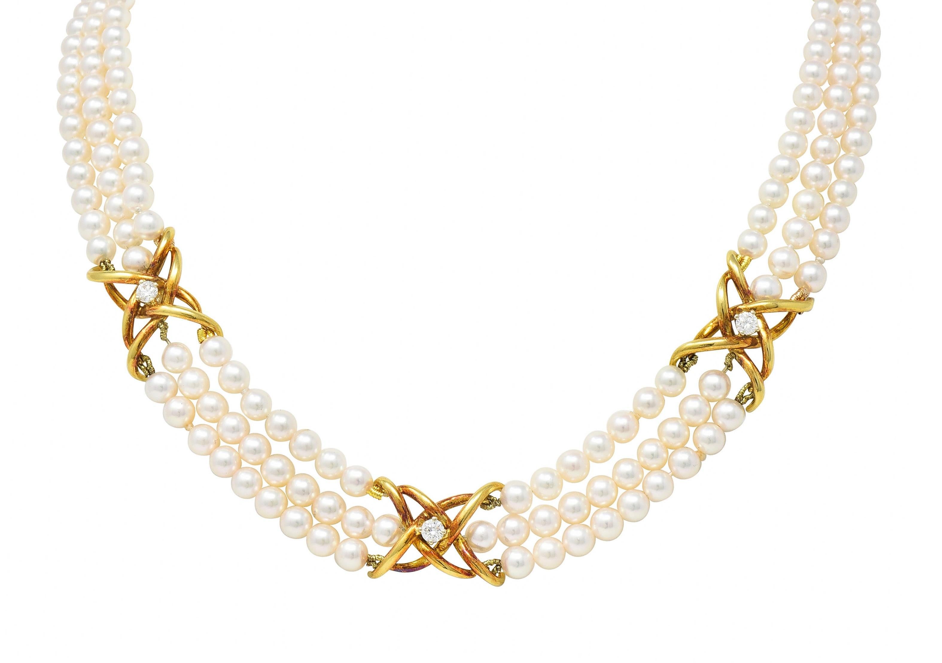 Tiffany & Co. 1980's Pearl Diamond 18 Karat Gold Vintage Multi-Strand Necklace For Sale 5