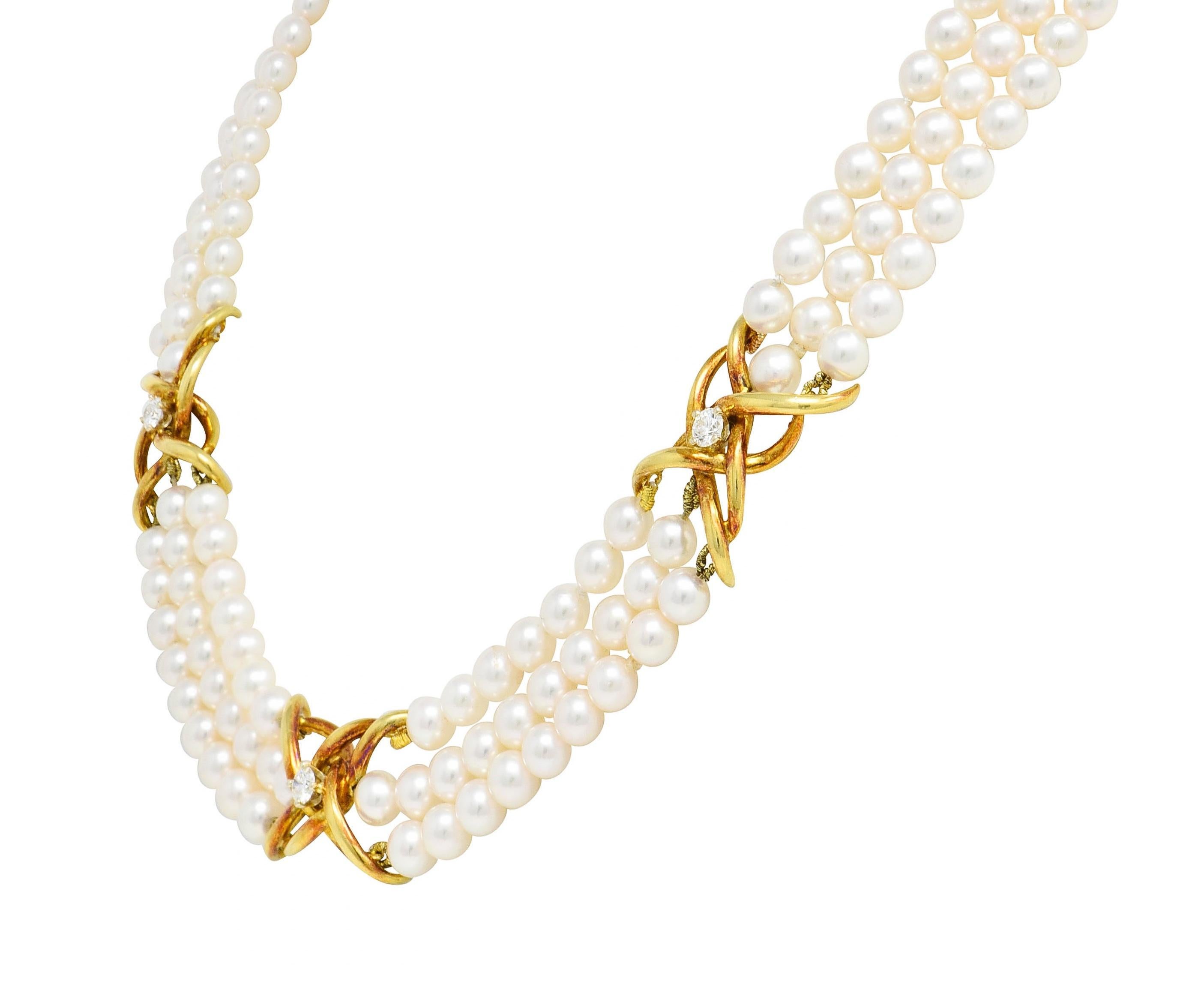 Round Cut Tiffany & Co. 1980's Pearl Diamond 18 Karat Gold Vintage Multi-Strand Necklace For Sale