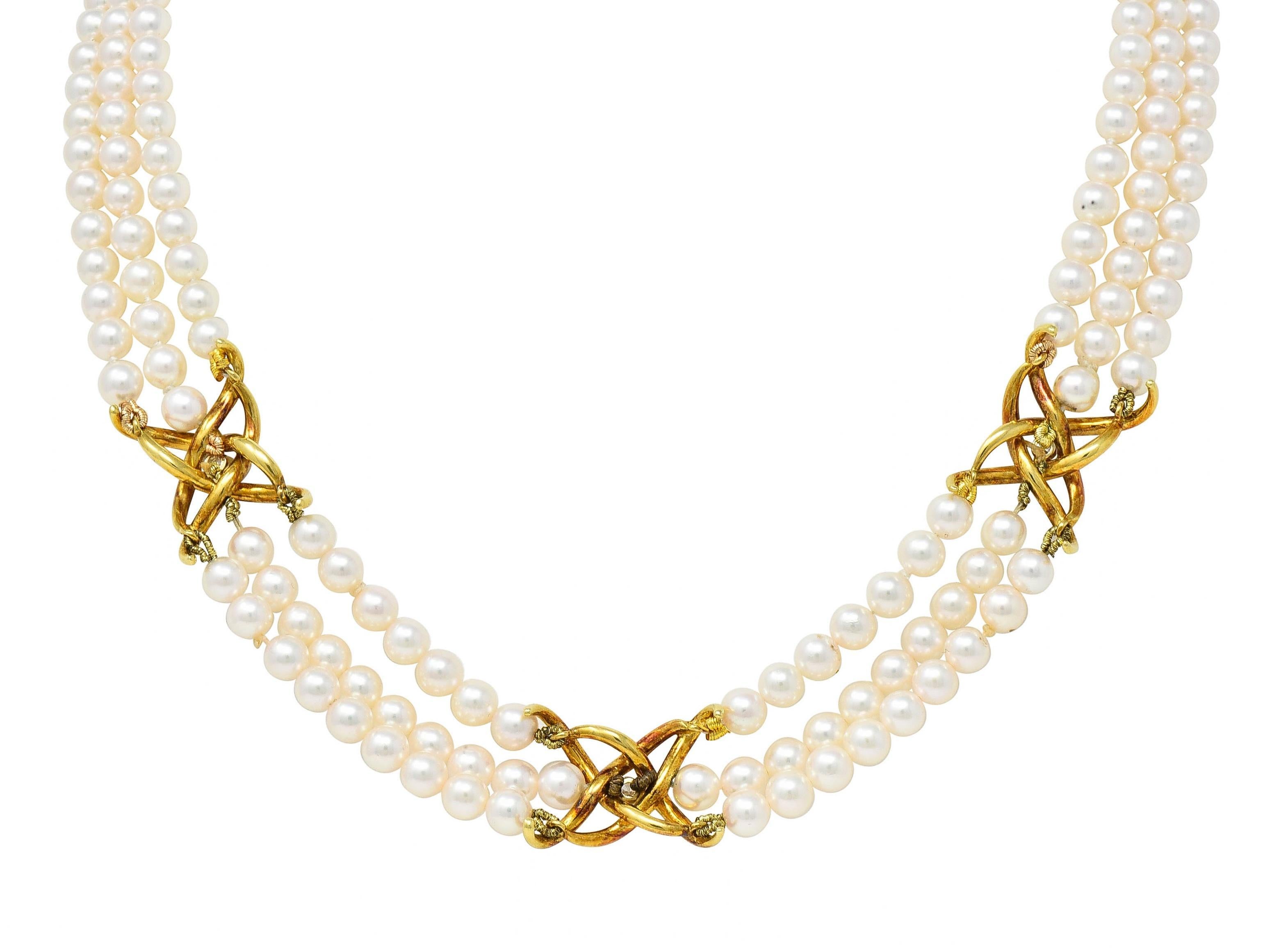 Tiffany & Co. 1980's Pearl Diamond 18 Karat Gold Vintage Multi-Strand Necklace In Excellent Condition For Sale In Philadelphia, PA