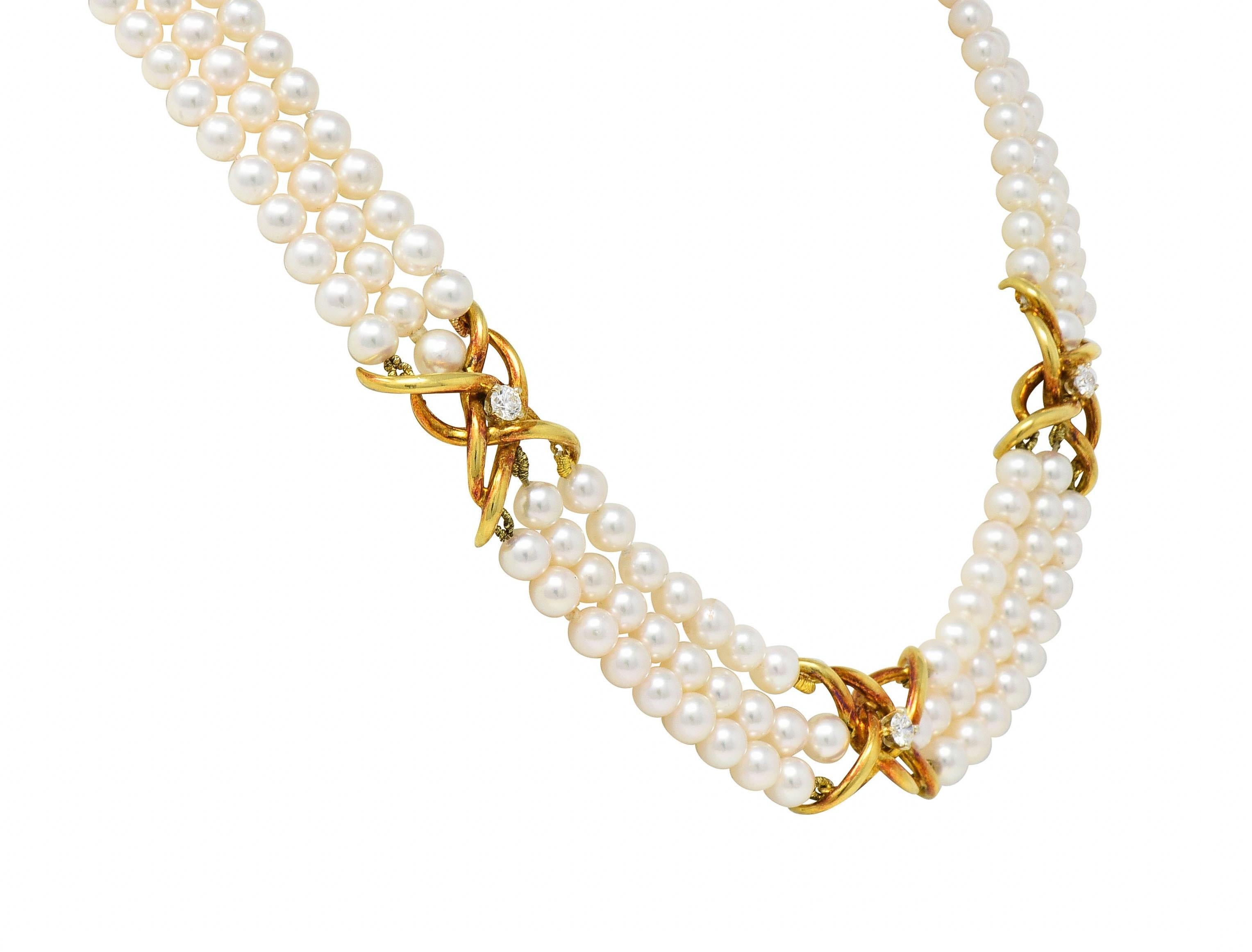Women's or Men's Tiffany & Co. 1980's Pearl Diamond 18 Karat Gold Vintage Multi-Strand Necklace For Sale