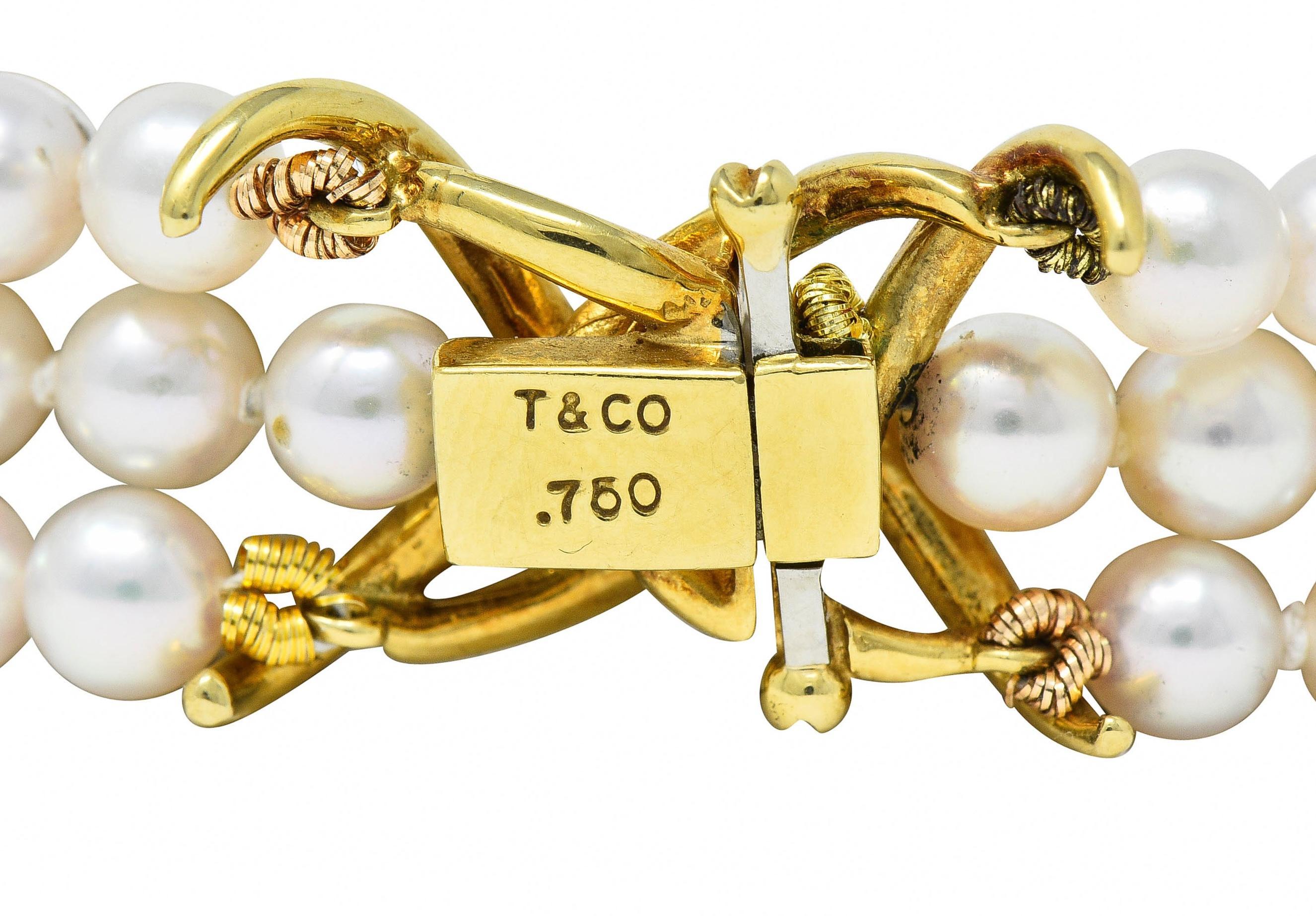 Tiffany & Co. 1980's Pearl Diamond 18 Karat Gold Vintage Multi-Strand Necklace For Sale 1