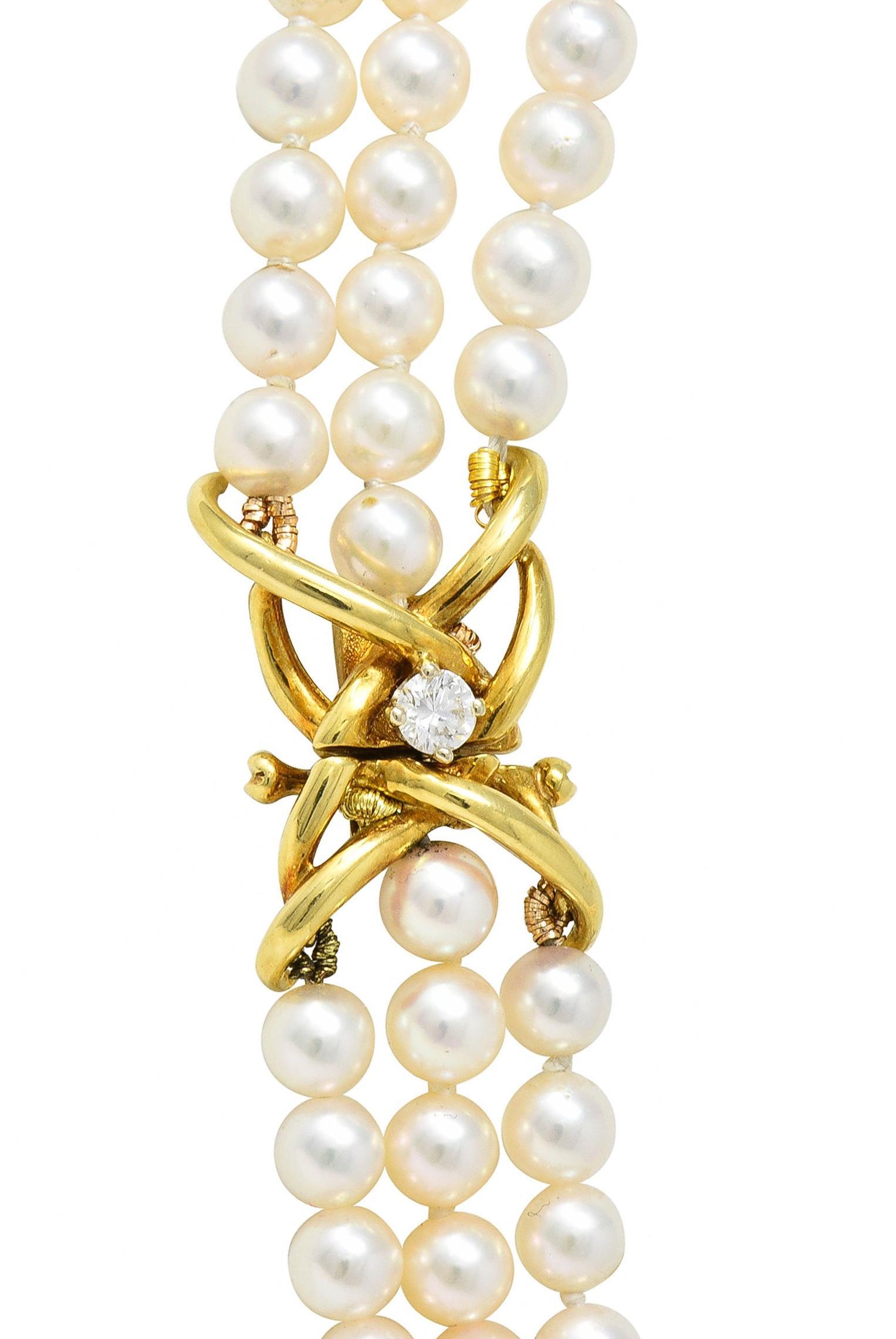 Tiffany & Co. 1980's Pearl Diamond 18 Karat Gold Vintage Multi-Strand Necklace For Sale 2