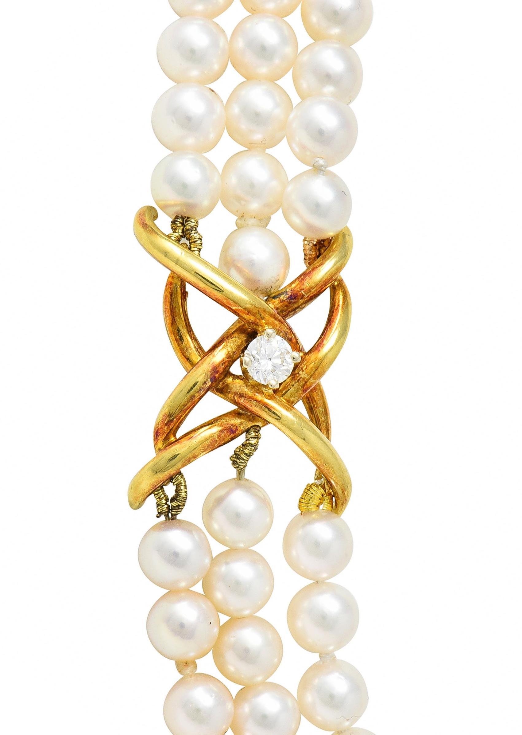 Tiffany & Co. 1980's Pearl Diamond 18 Karat Gold Vintage Multi-Strand Necklace 4