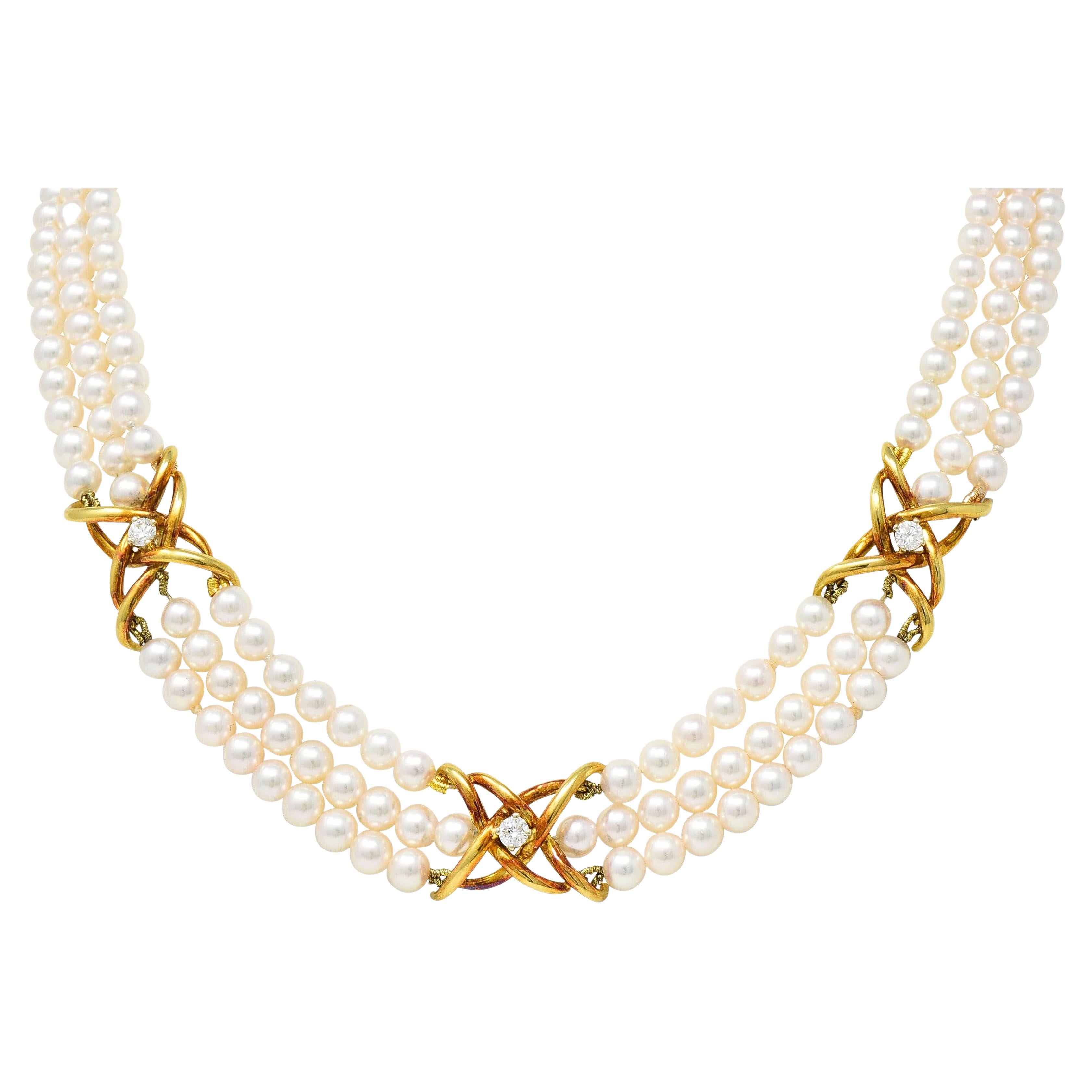 Tiffany & Co. 1980's Pearl Diamond 18 Karat Gold Vintage Multi-Strand Necklace For Sale