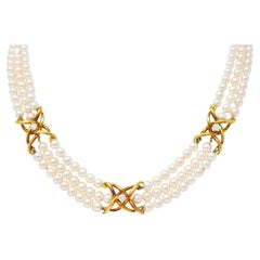 Mehrreihige Vintage-Halskette von Tiffany & Co. aus 18 Karat Gold mit Perlen und Diamanten, 1980er Jahre
