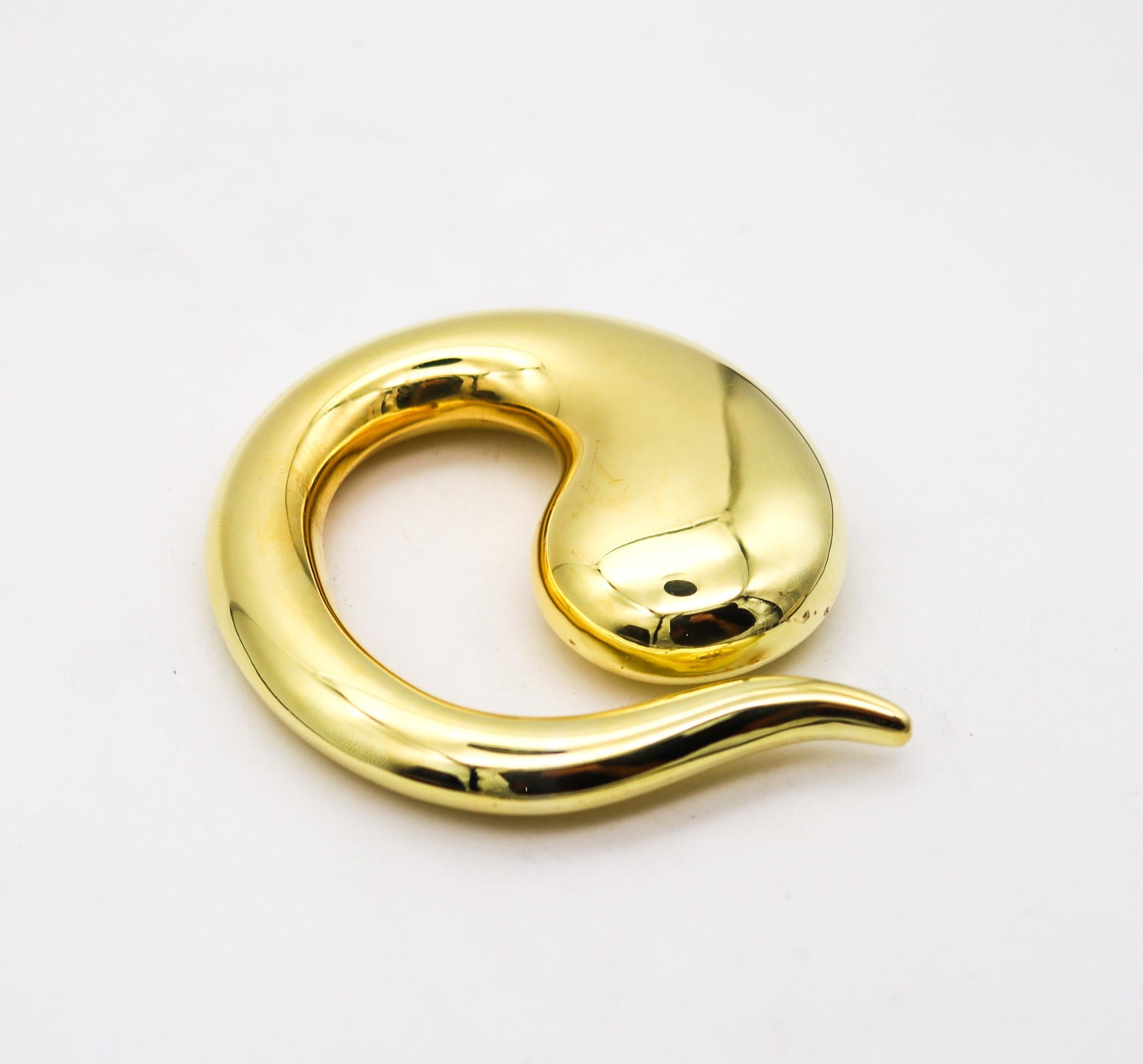 Pendentif-boucle conçu par Elsa Peretti (1940-2021) pour Tiffany & Co.

Il s'agit d'un magnifique bijou sculptural, créé par Elsa Peretti pour les studios Tiffany en 1981. Ce pendentif-boucle convertible et utile faisait partie de la collection
