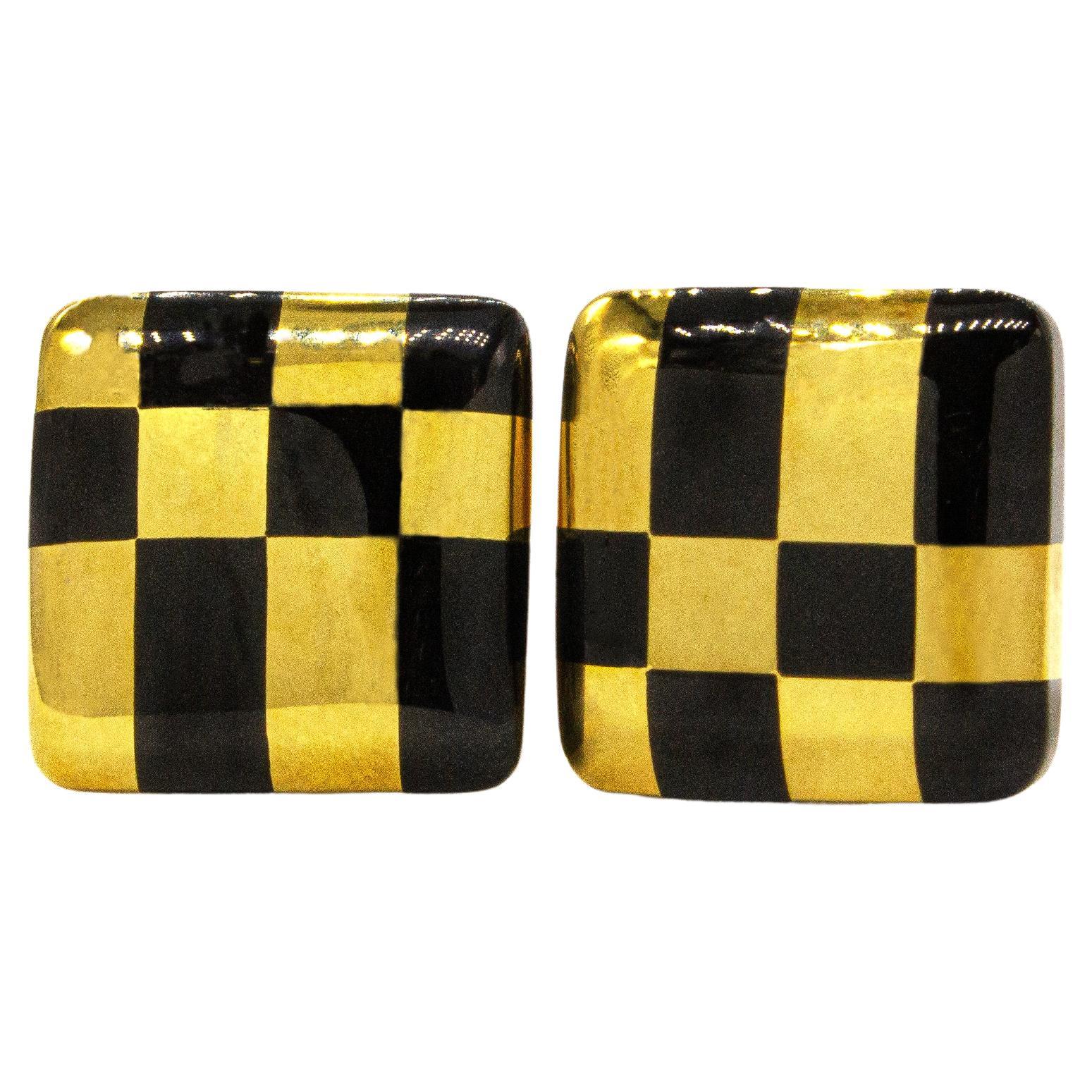 Tiffany & Co. 1982 Angela Cummings 18K Gold Black Jade Checkerboard Earrings