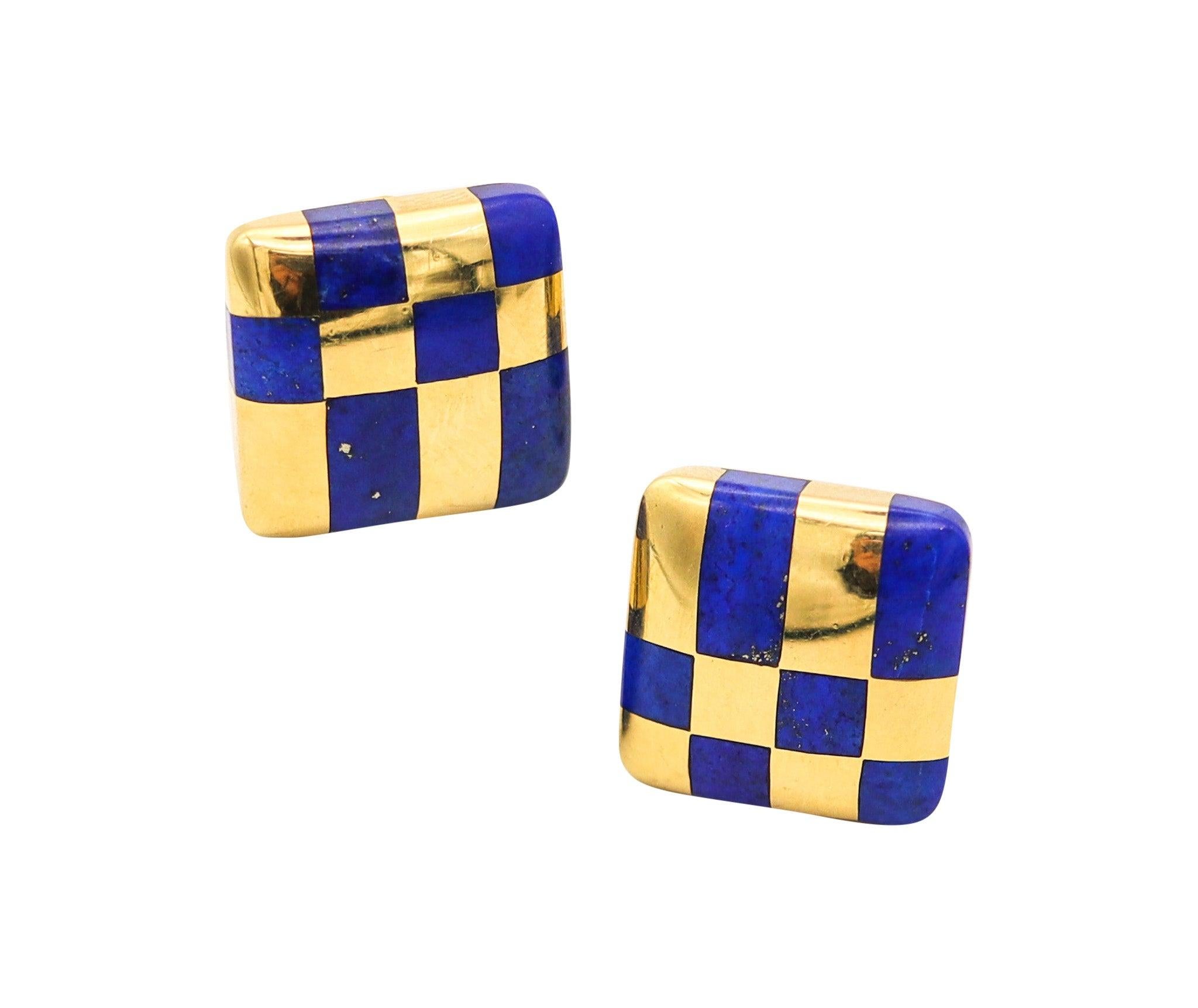 Modernist Tiffany & Co. 1982 Angela Cummings Lapis Checkerboard Earrings 18Kt Yellow Gold For Sale