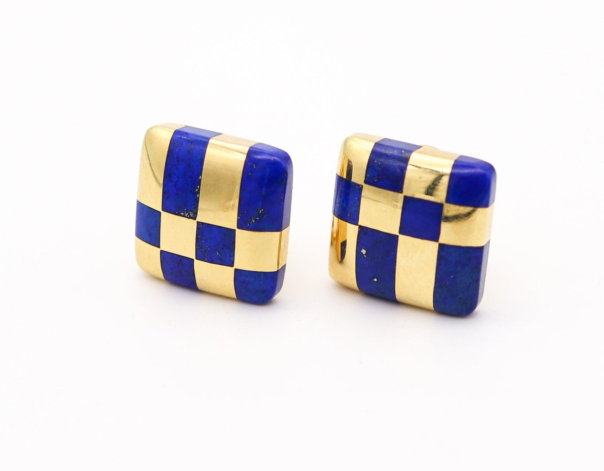 Square Cut Tiffany & Co. 1982 Angela Cummings Lapis Checkerboard Earrings 18Kt Yellow Gold For Sale