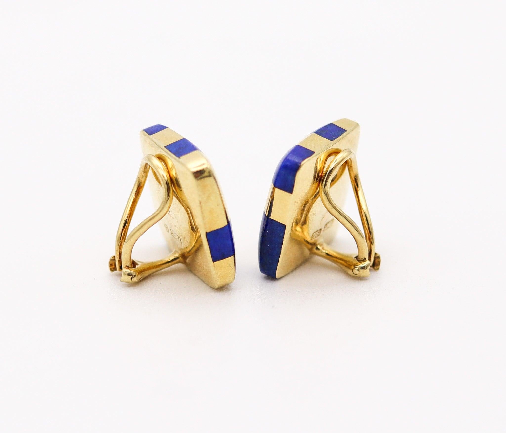 Tiffany & Co. 1982 Angela Cummings Lapis Checkerboard Earrings 18Kt Yellow Gold In Excellent Condition For Sale In Miami, FL