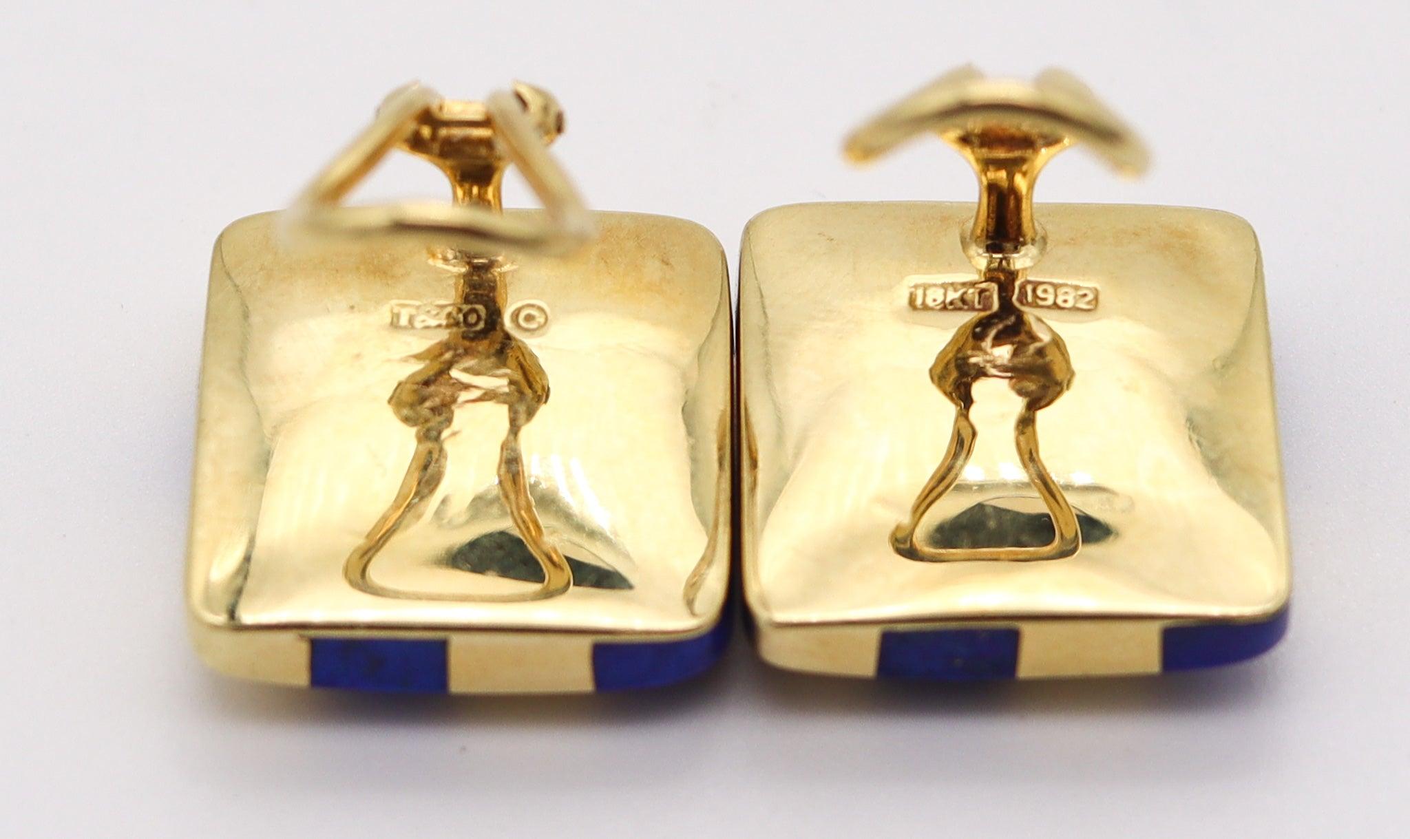 Women's Tiffany & Co. 1982 Angela Cummings Lapis Checkerboard Earrings 18Kt Yellow Gold For Sale