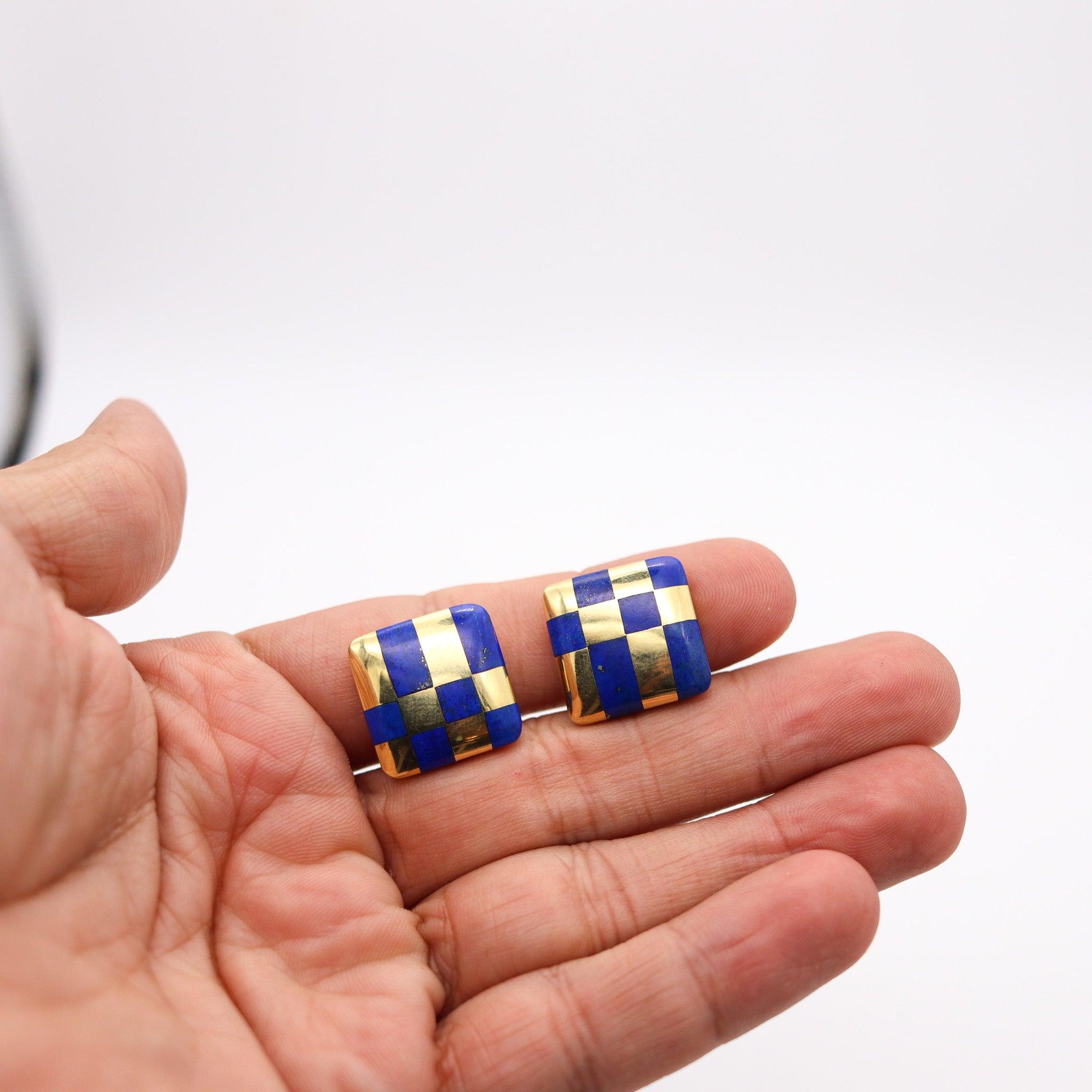 Tiffany & Co. 1982 Angela Cummings Lapis Checkerboard Earrings 18Kt Yellow Gold For Sale 1