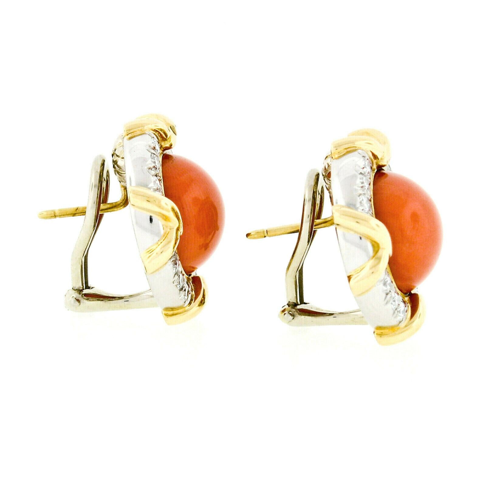 Tiffany & Co. 1985 18k Gold & Platinum GIA Round Coral & Diamond Button Earrings In Excellent Condition For Sale In Montclair, NJ
