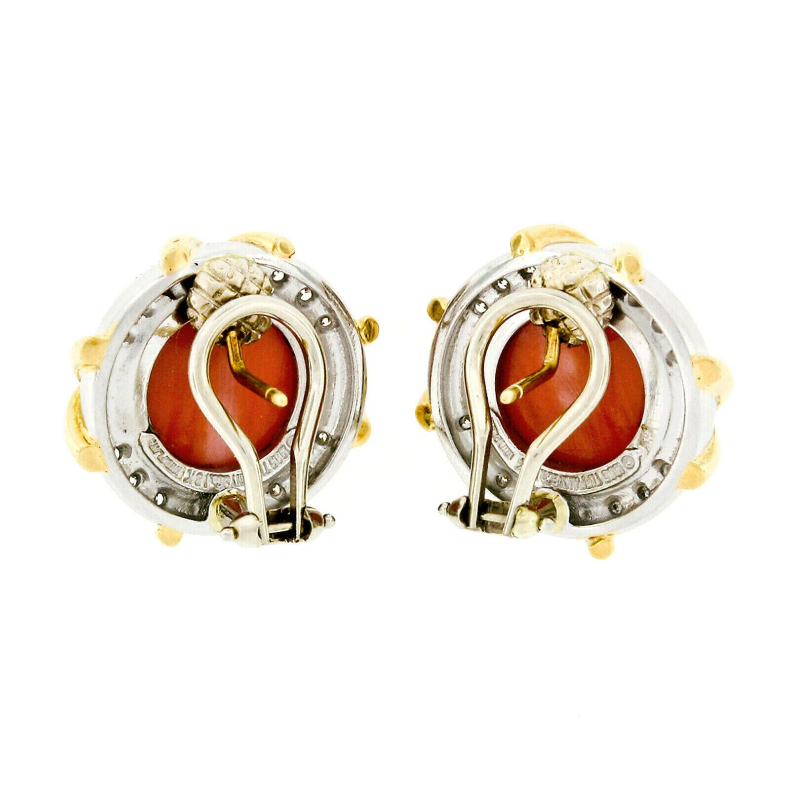 Women's Tiffany & Co. 1985 18k Gold & Platinum GIA Round Coral & Diamond Button Earrings For Sale