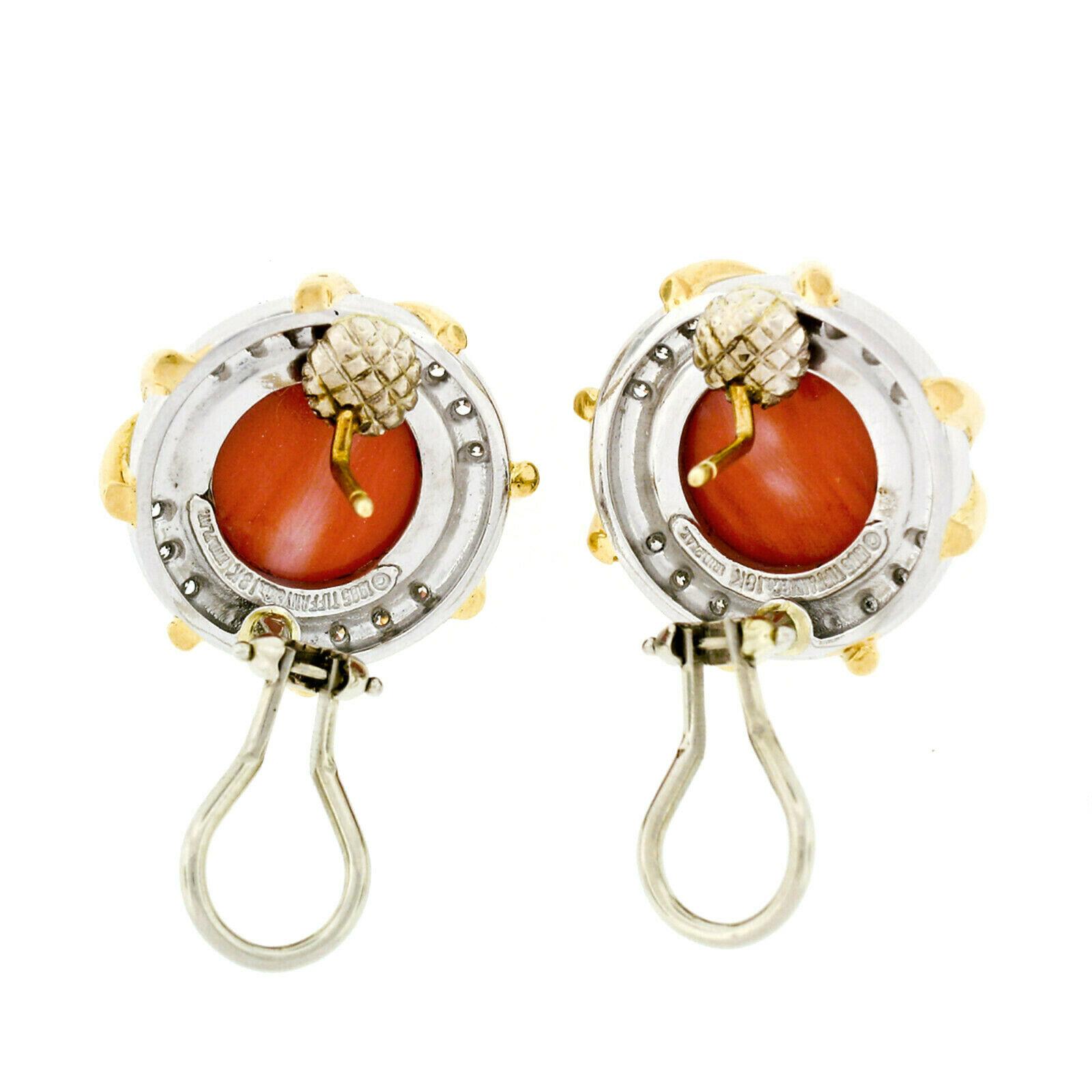 Tiffany & Co. 1985 18k Gold & Platinum GIA Round Coral & Diamond Button Earrings For Sale 1
