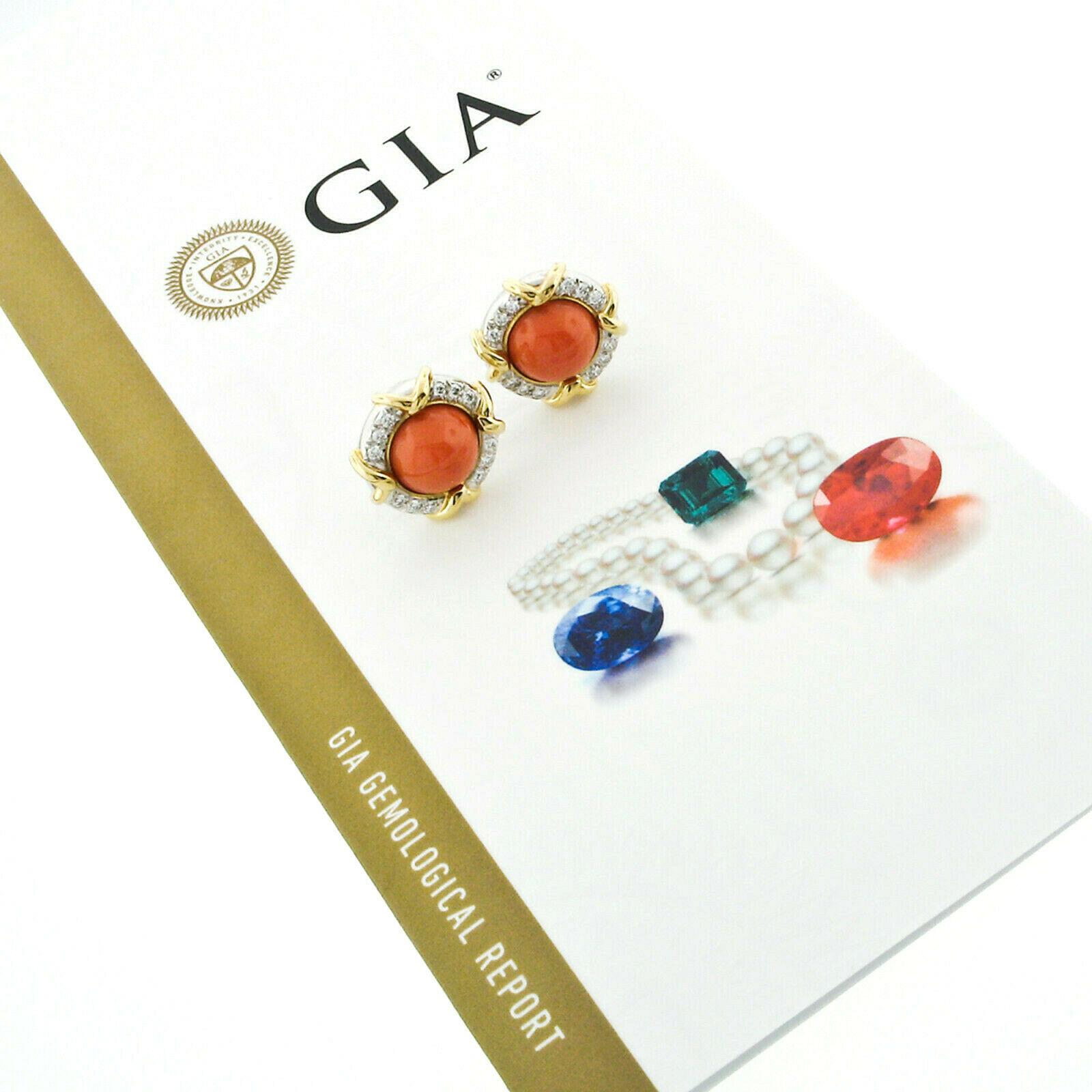 Tiffany & Co. Boucles d'oreilles boutons en or 18 carats et platine avec corail rond et diamants certifiés GIA, 1985 en vente 2