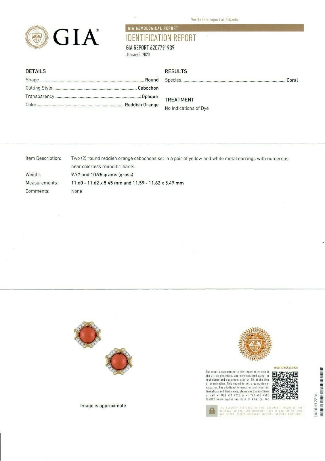 Tiffany & Co. Boucles d'oreilles boutons en or 18 carats et platine avec corail rond et diamants certifiés GIA, 1985 en vente 3