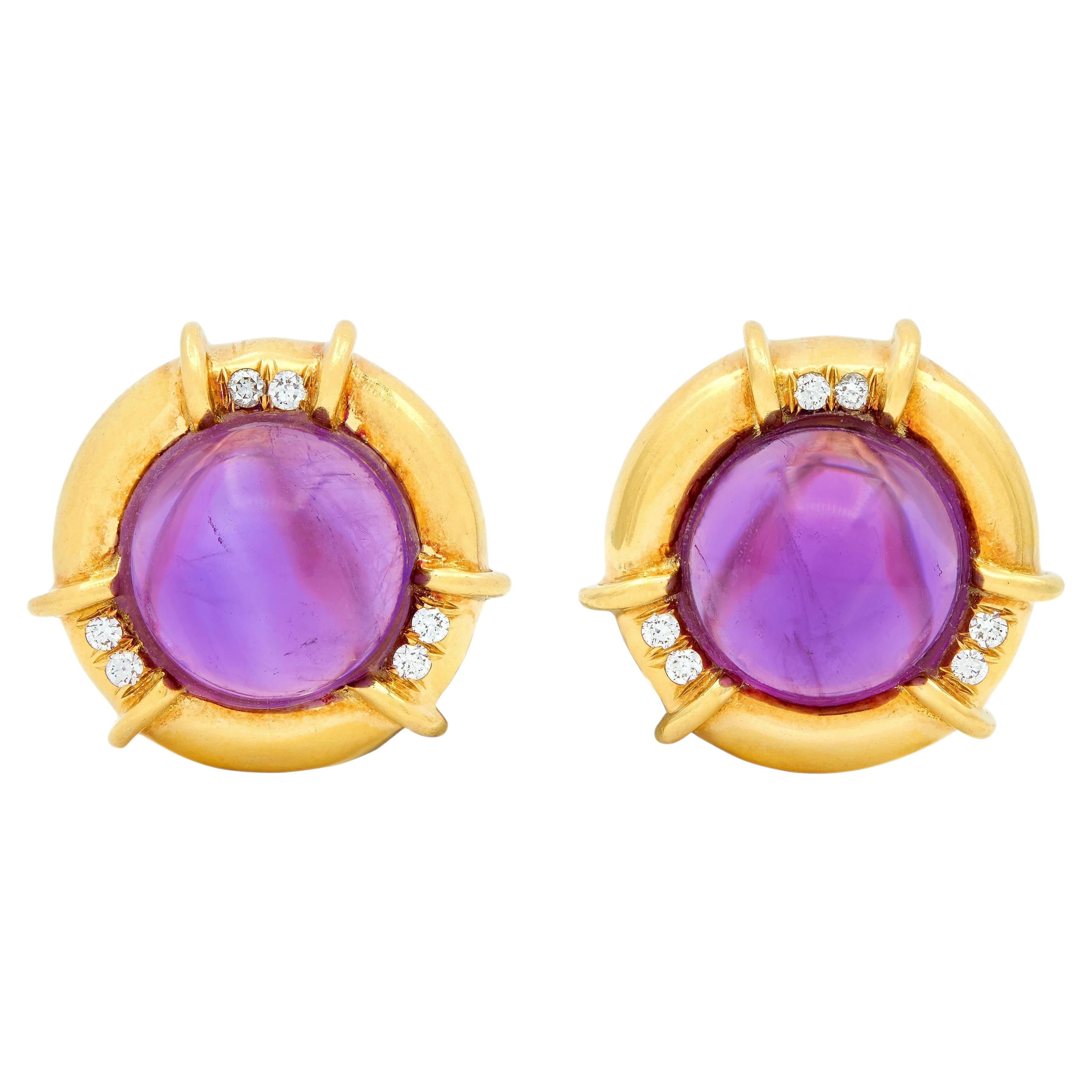 Tiffany & Co. 1985 Amethyst Diamond 18K Gold Vintage Ear-Clip Earrings
