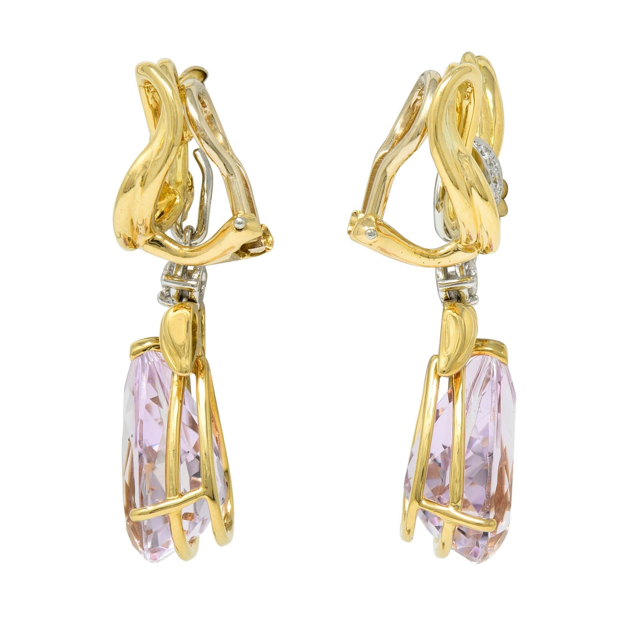 Oval Cut Tiffany & Co. 1988 Kunzite Diamond Platinum 18K Gold Vintage Angel Drop Earrings For Sale
