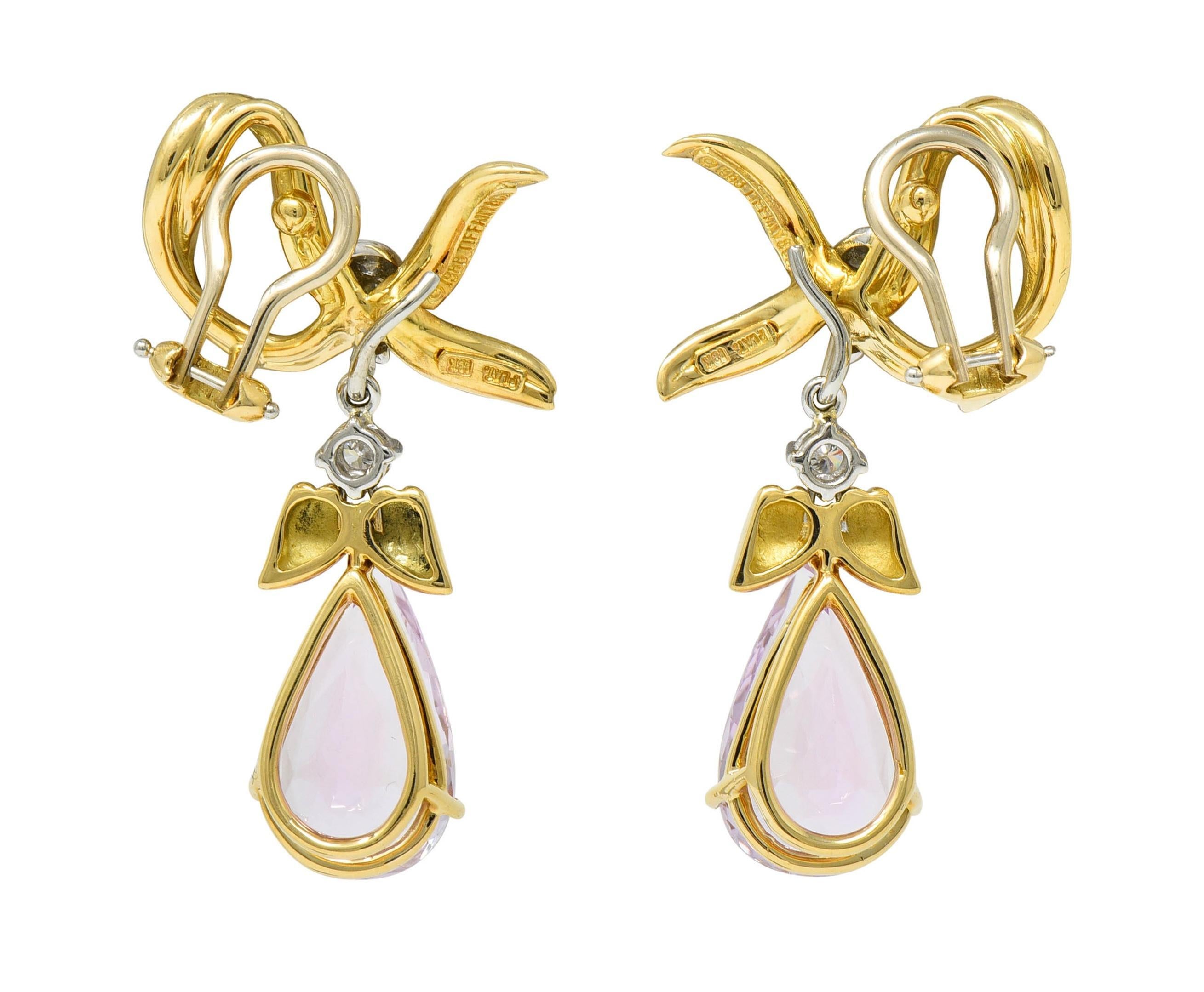 Tiffany & Co. 1988 Kunzite Diamond Platinum 18K Gold Vintage Angel Drop Earrings In Excellent Condition For Sale In Philadelphia, PA