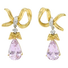Tiffany & Co. 1988 Kunzite Diamond Platinum 18K Gold Vintage Angel Drop Earrings