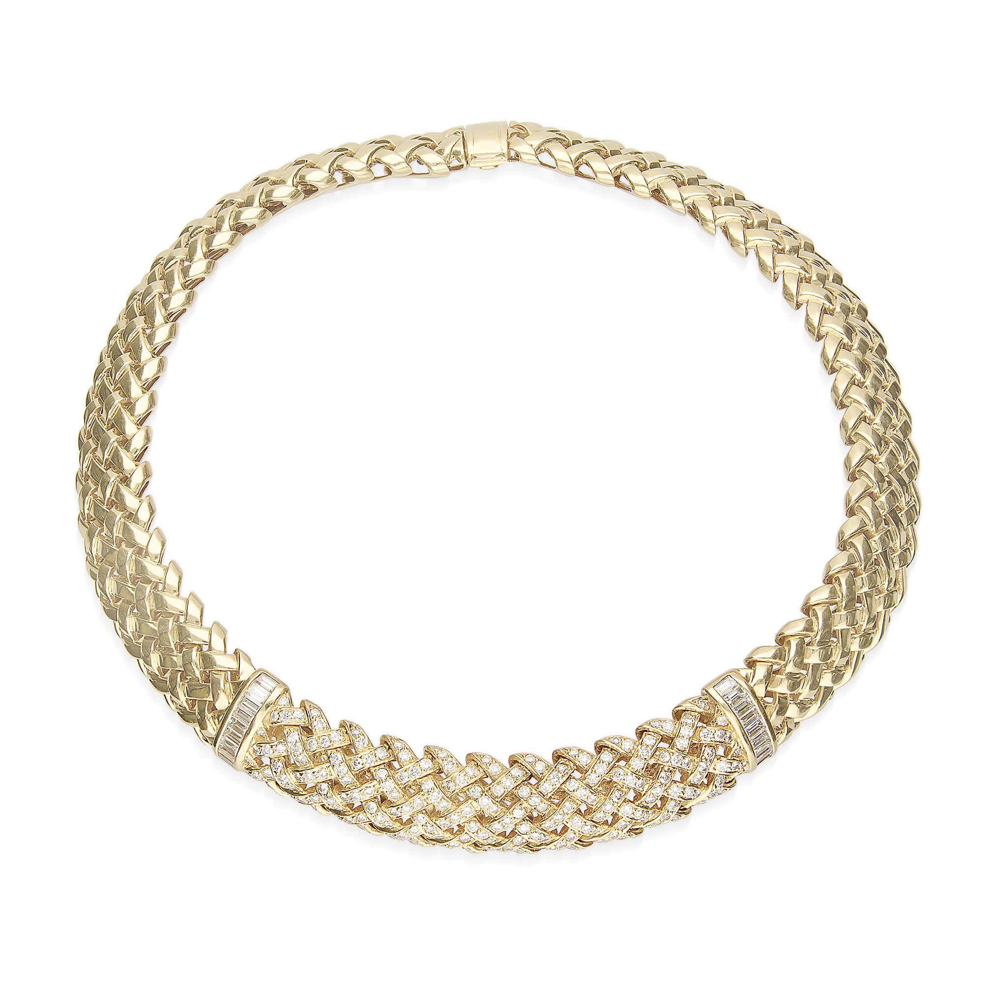 This vintage 1989 Tiffany & Co. Necklace is made of 18K yellow gold and embellished with 7.71 carat of white diamonds. The Necklace weighs 194.31 grams and measures 14