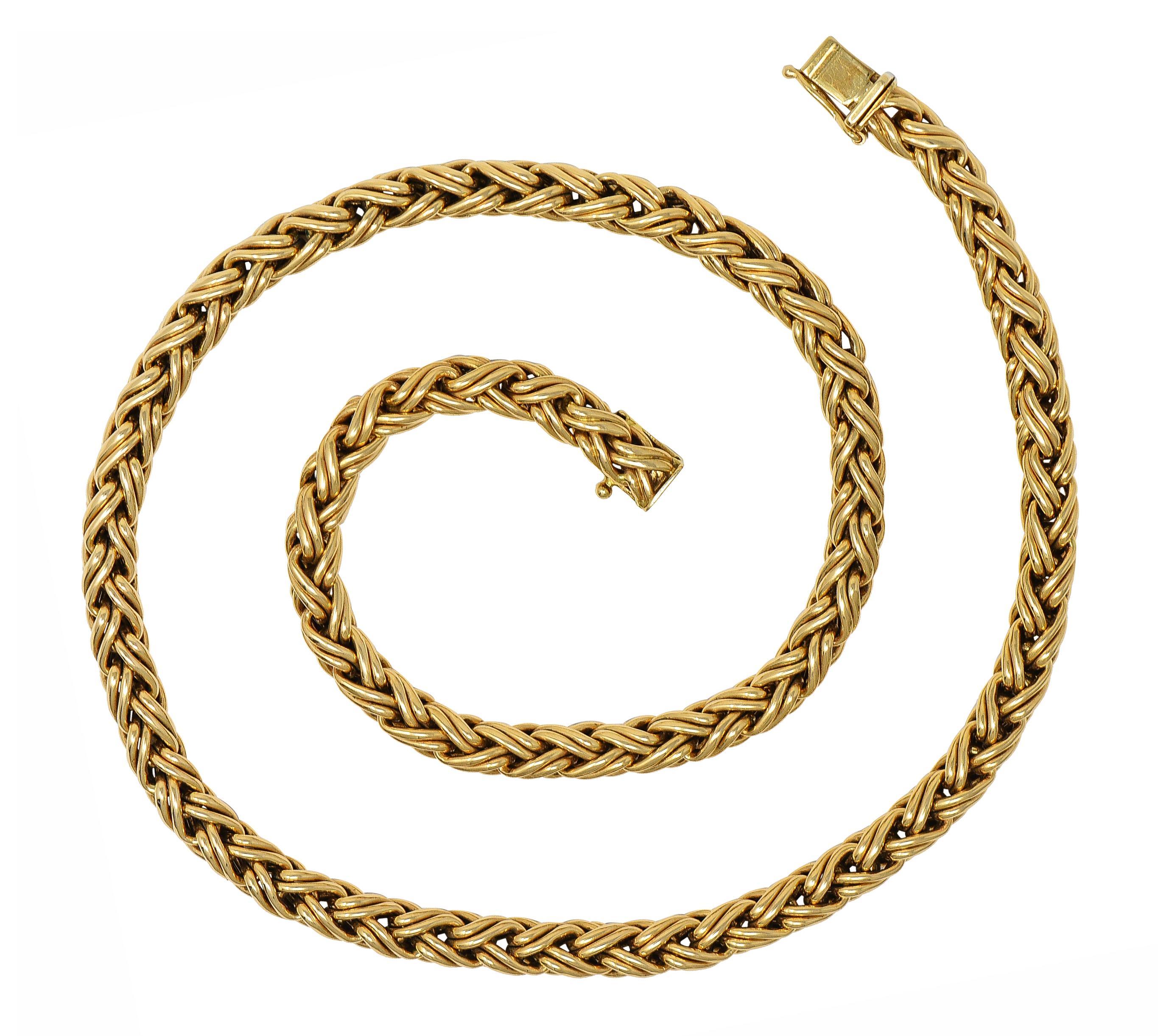 Designed as uniform Russian weave chain 
Comprised of meshed weave motif links
With high polish finish
Completed by concealed clasp closure
With figure eight safety
Stamped for 14 karat gold
Fully signed Tiffany & Co.
Circa: 1990's
Width: 1/4 inch