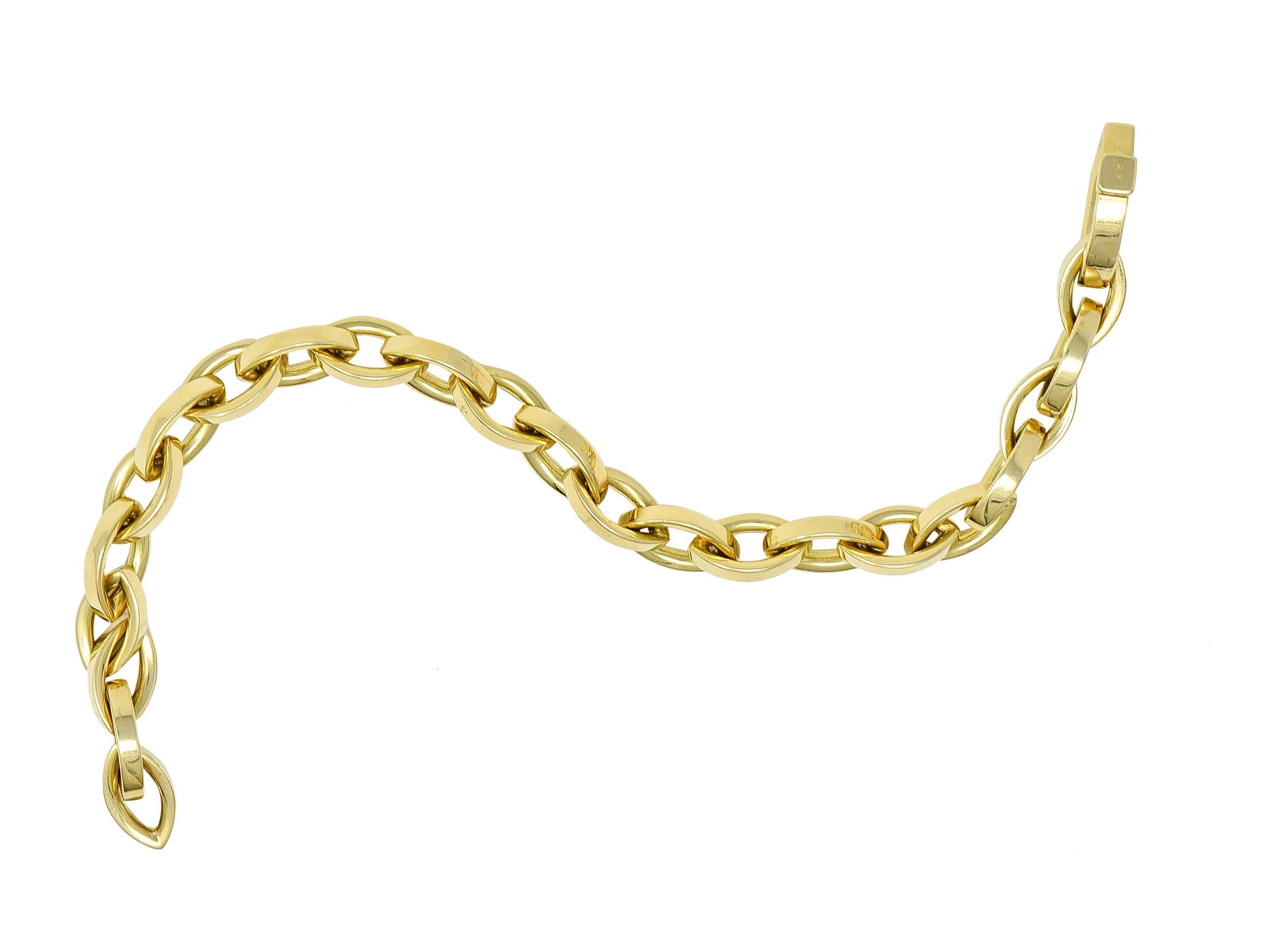 Comprised of open marquise shaped links. Featuring a high polish finish. Completed by concealed clasp closure. Stamped 750 for 18 karat gold. Fully signed Tiffany & Co., Italy. Circa: 1990's. Bracelet size: 7 1/2 inch circumference with 3 1/4 inch