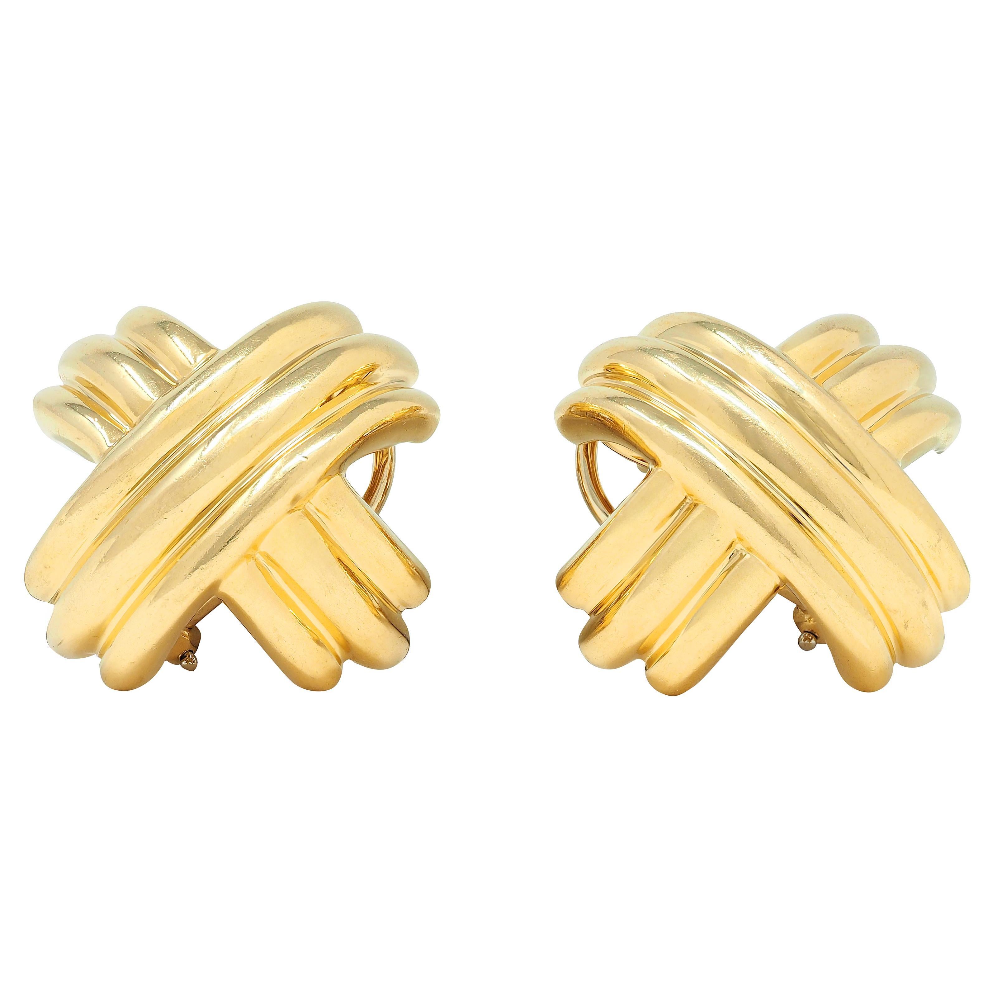 Modern Tiffany & Co. 1990's 18 Karat Yellow Gold Vintage X Kiss Signature Earrings For Sale