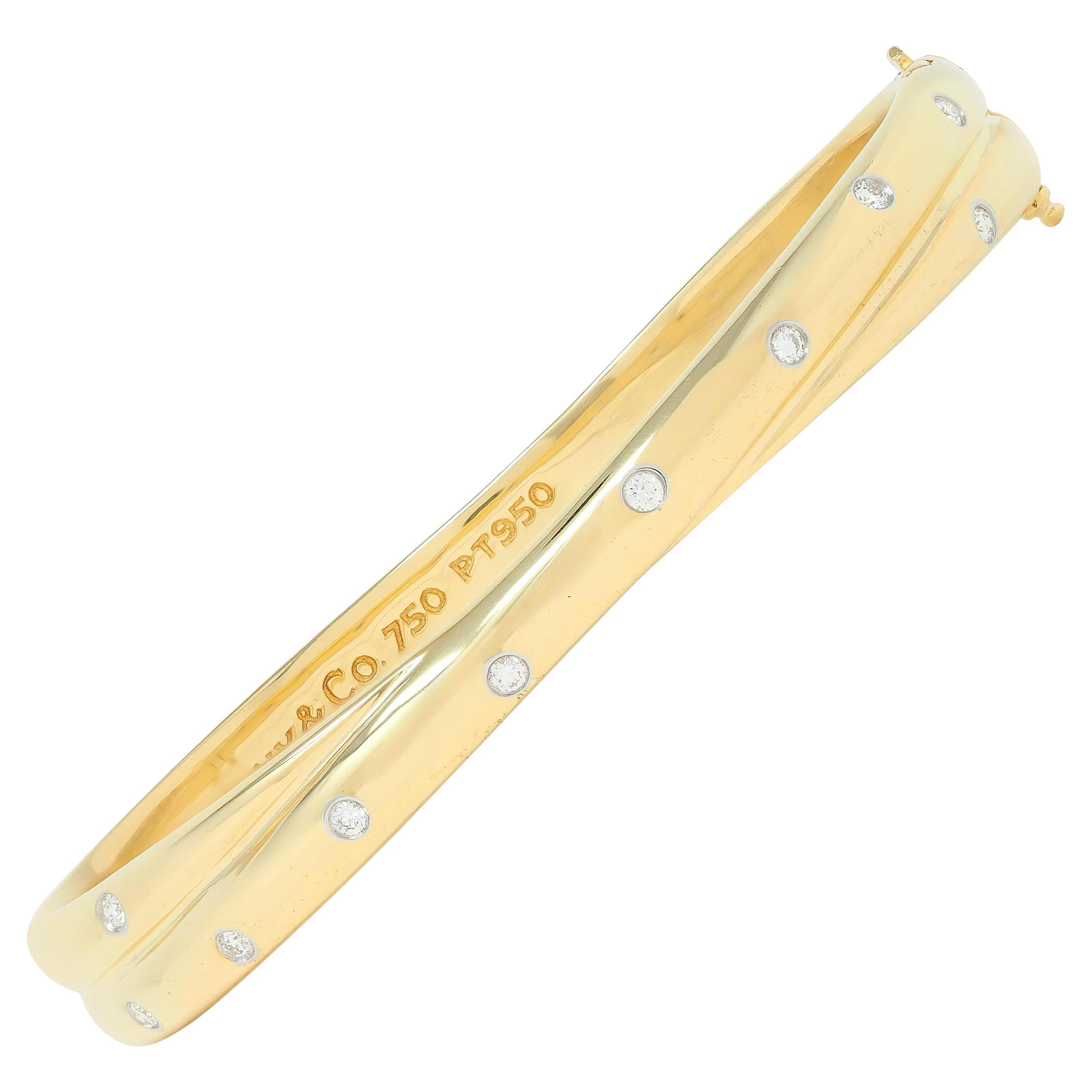 Tiffany 
Co. 1990
s Diamond 18 Karat Yellow Gold Vintage Etoile Bangle Bracelet For Sale