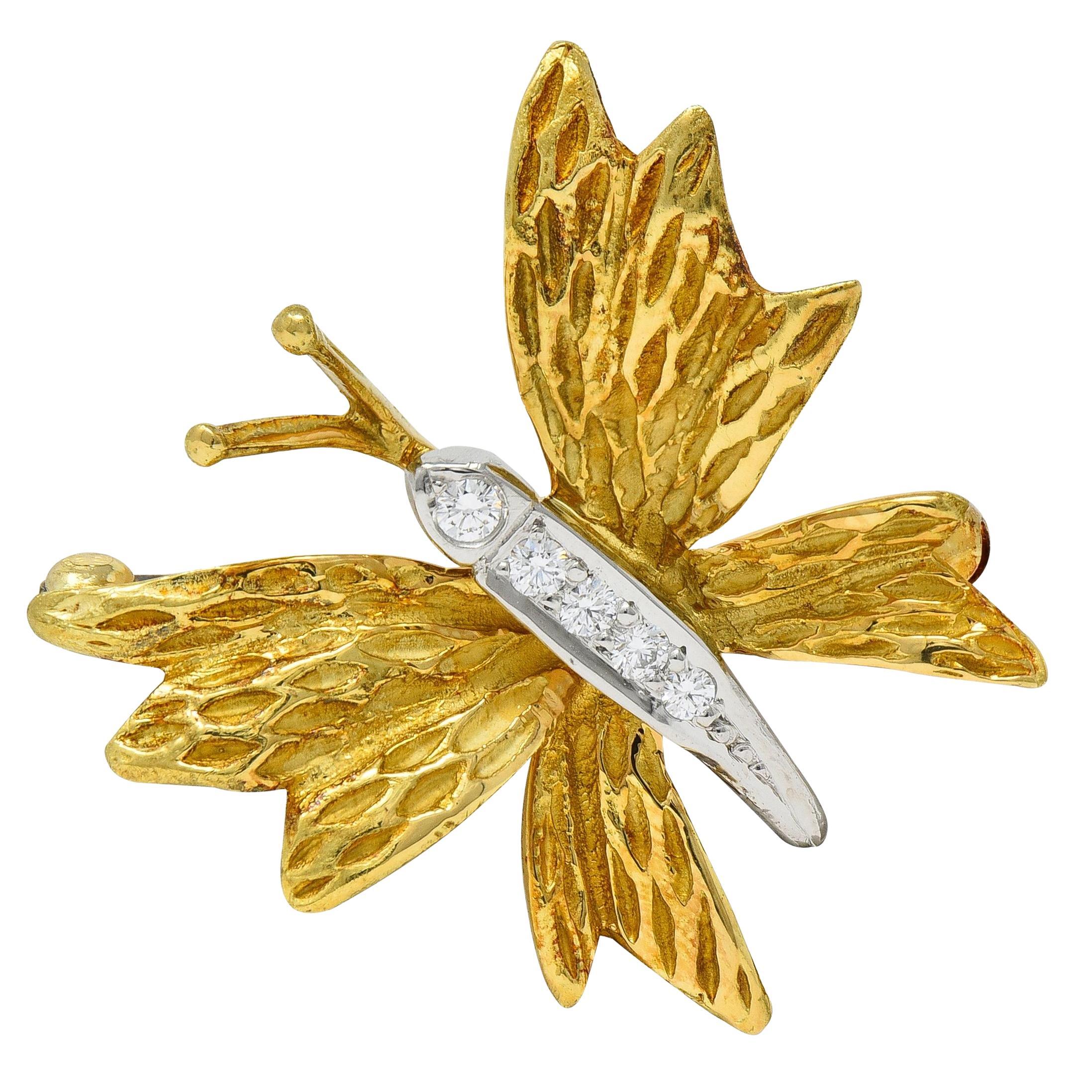 Tiffany 
Co. 1990
s Diamond Platinum 18K Yellow Gold Vintage Butterfly Brooch