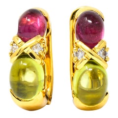 Tiffany & Co. 1990s Tourmaline Peridot Diamond 18k Yellow Gold J Hoop Earrings