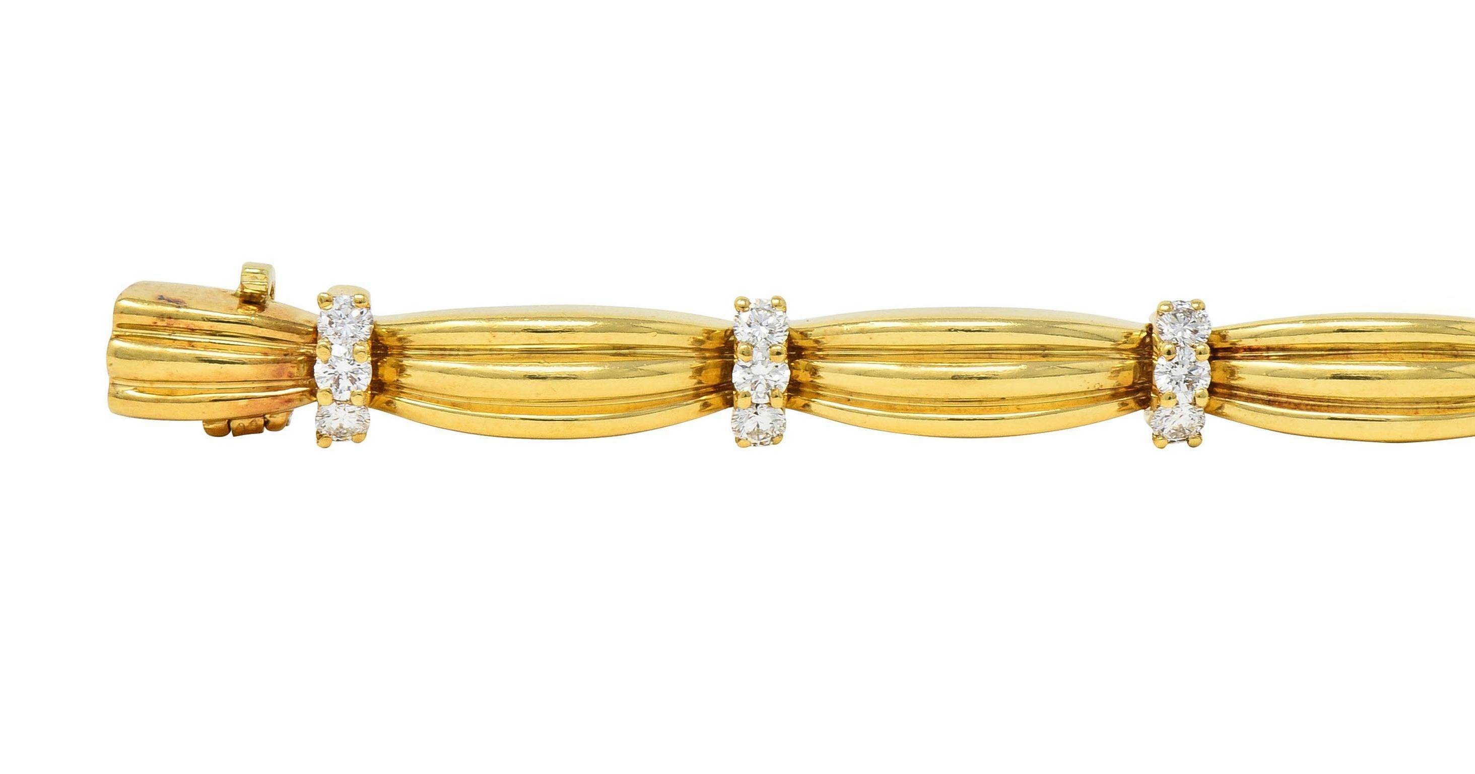 Tiffany & Co. 1992 1.50 CTW Diamond 18 Karat Yellow Gold Vintage Ribbon Bracelet In Excellent Condition In Philadelphia, PA