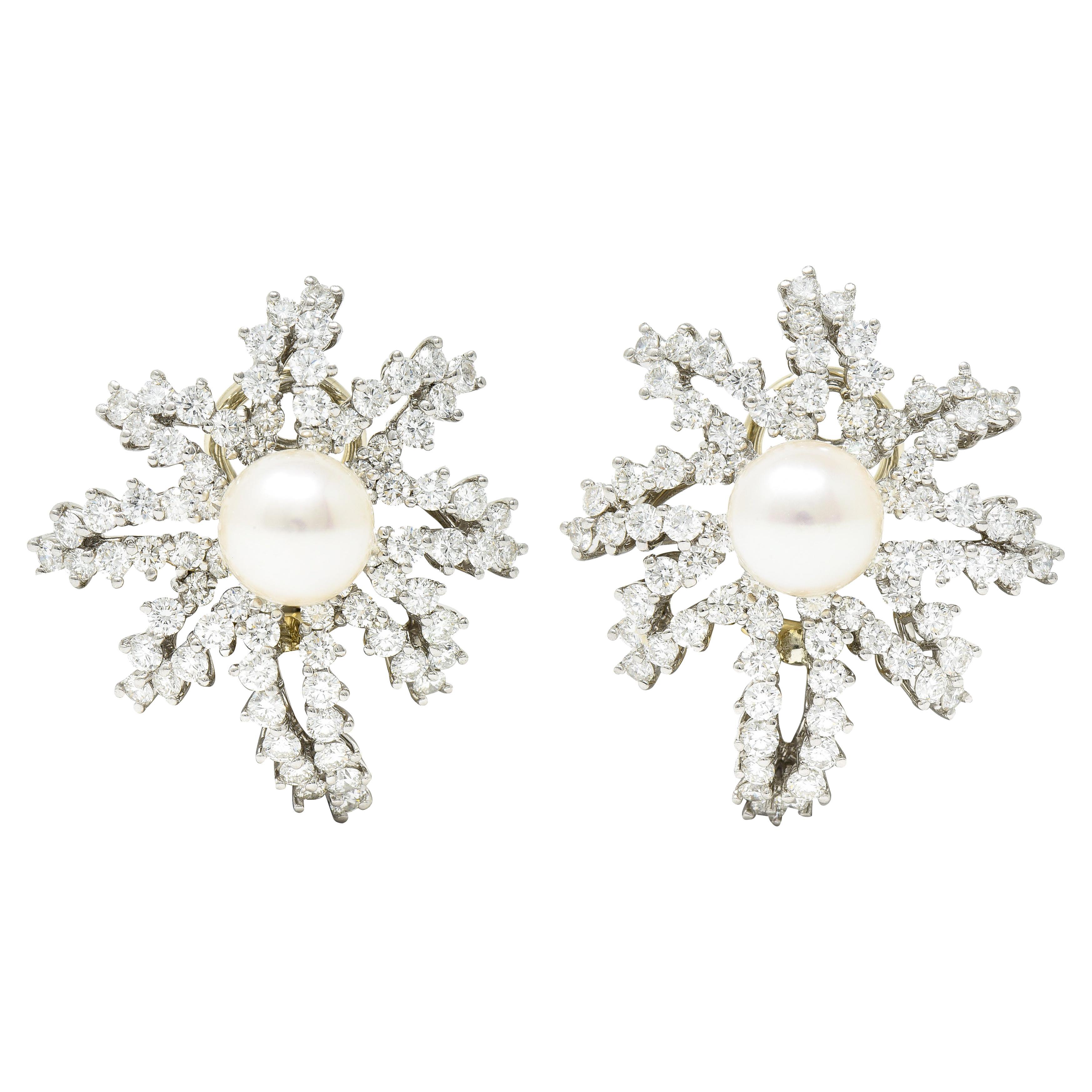 Tiffany & Co. Boucles d'oreilles clips de cheminée en platine avec perles et diamants de 4,62 carats