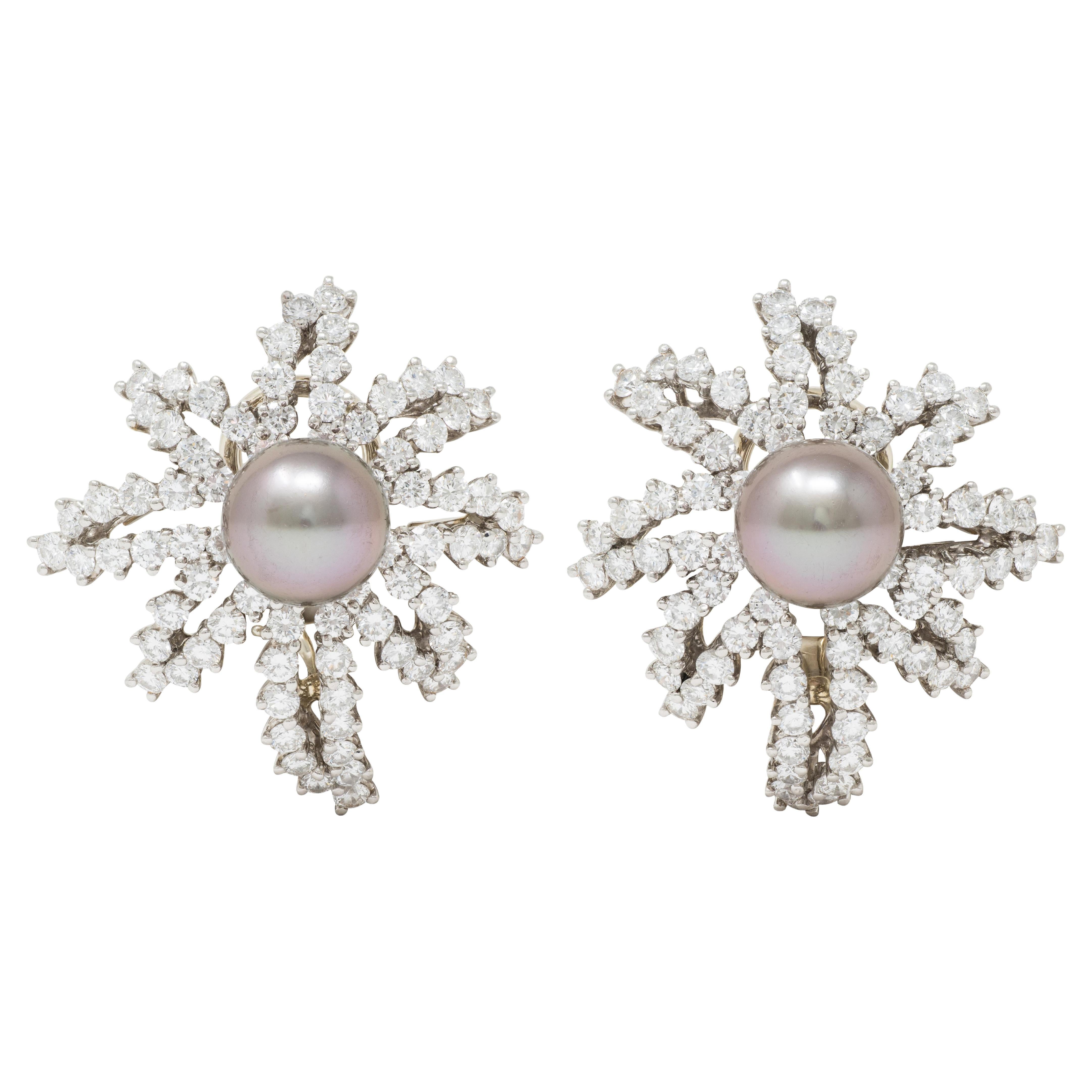 Tiffany 
Co. 1993 Akoya Pearl Diamond Platinum Vintage Fireworks Earrings For Sale